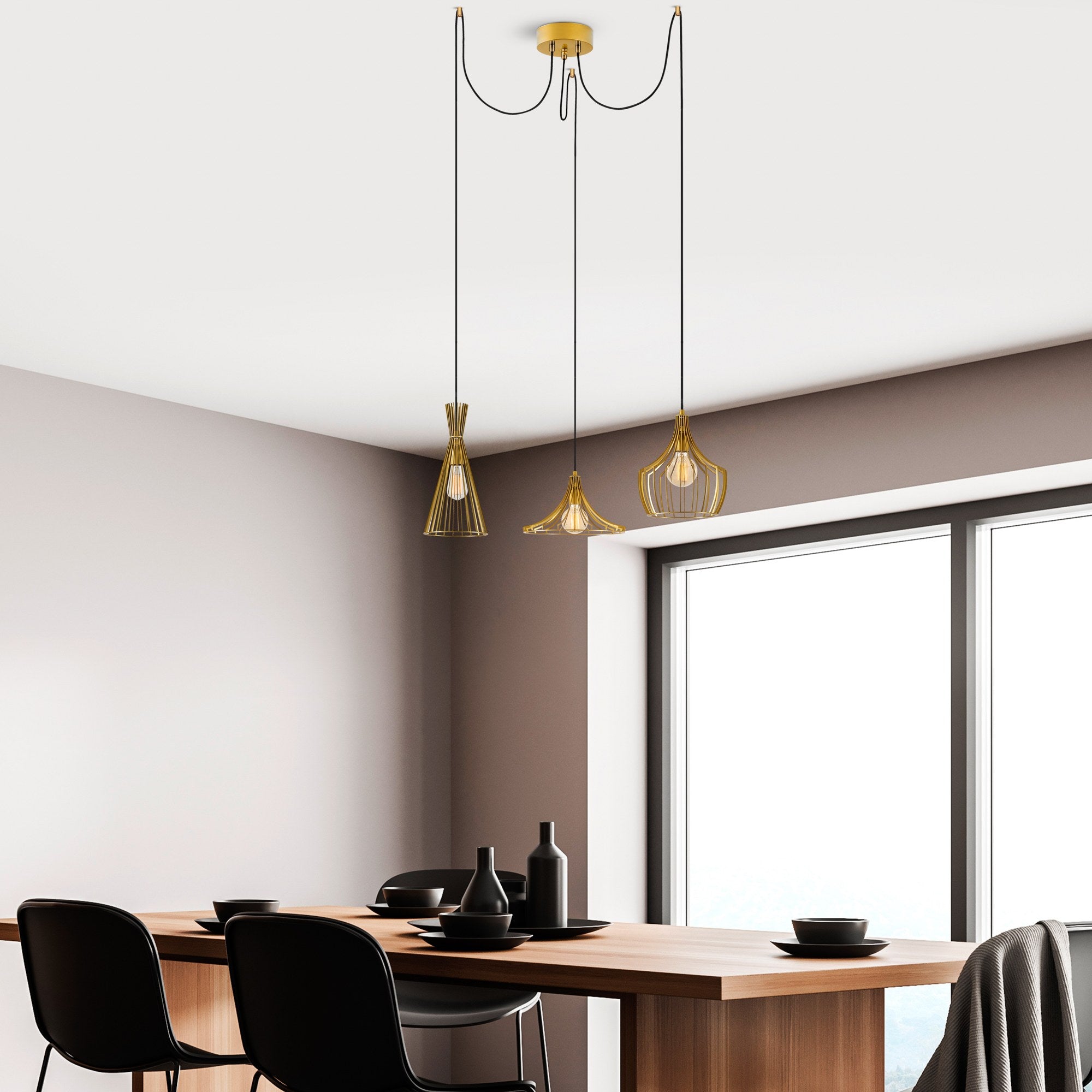 Candeeiro de Teto moderno dourado, 114 cm de diâmetro, altura ajustável, corpo de metal, 3 lâmpadas E27 máx. 40 W, design elegante para casa e escritório | Classificação IP20