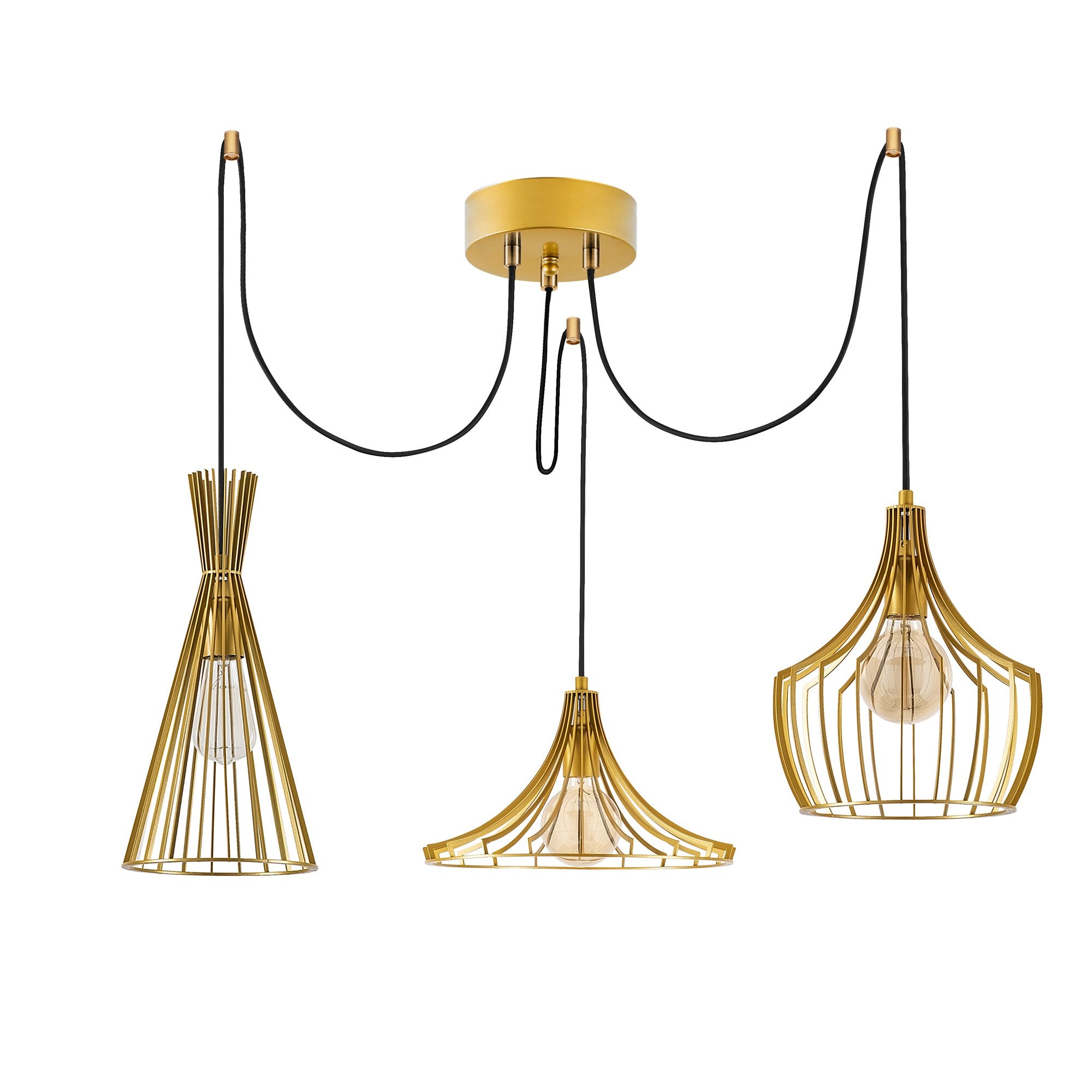 Candeeiro de Teto moderno dourado, 114 cm de diâmetro, altura ajustável, corpo de metal, 3 lâmpadas E27 máx. 40 W, design elegante para casa e escritório | Classificação IP20