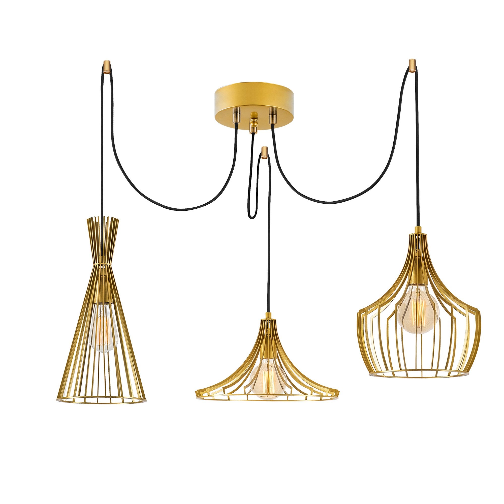 Candeeiro de Teto moderno dourado, 114 cm de diâmetro, altura ajustável, corpo de metal, 3 lâmpadas E27 máx. 40 W, design elegante para casa e escritório | Classificação IP20