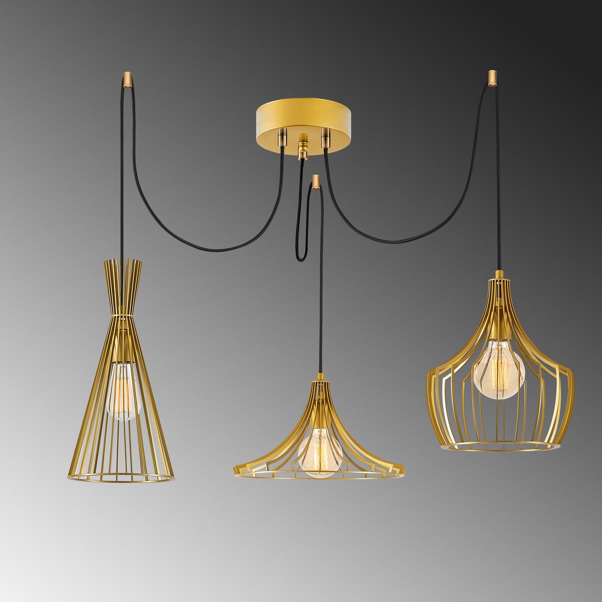 Candeeiro de Teto moderno dourado, 114 cm de diâmetro, altura ajustável, corpo de metal, 3 lâmpadas E27 máx. 40 W, design elegante para casa e escritório | Classificação IP20