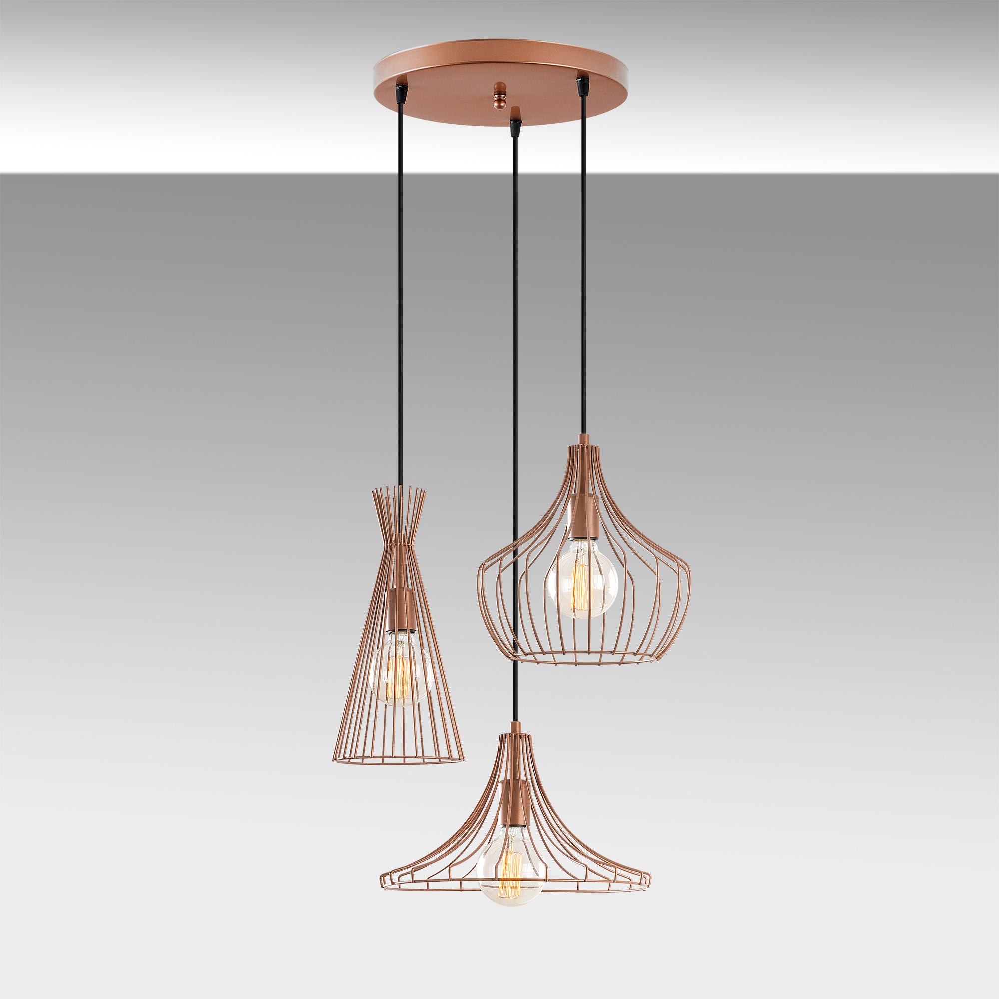 Candeeiro de Teto moderno de cobre, 55 cm de diâmetro, altura ajustável de 113 cm, 3 x E27 máx. 40 W, corpo de metal elegante | Perfeito para espaços contemporâneos