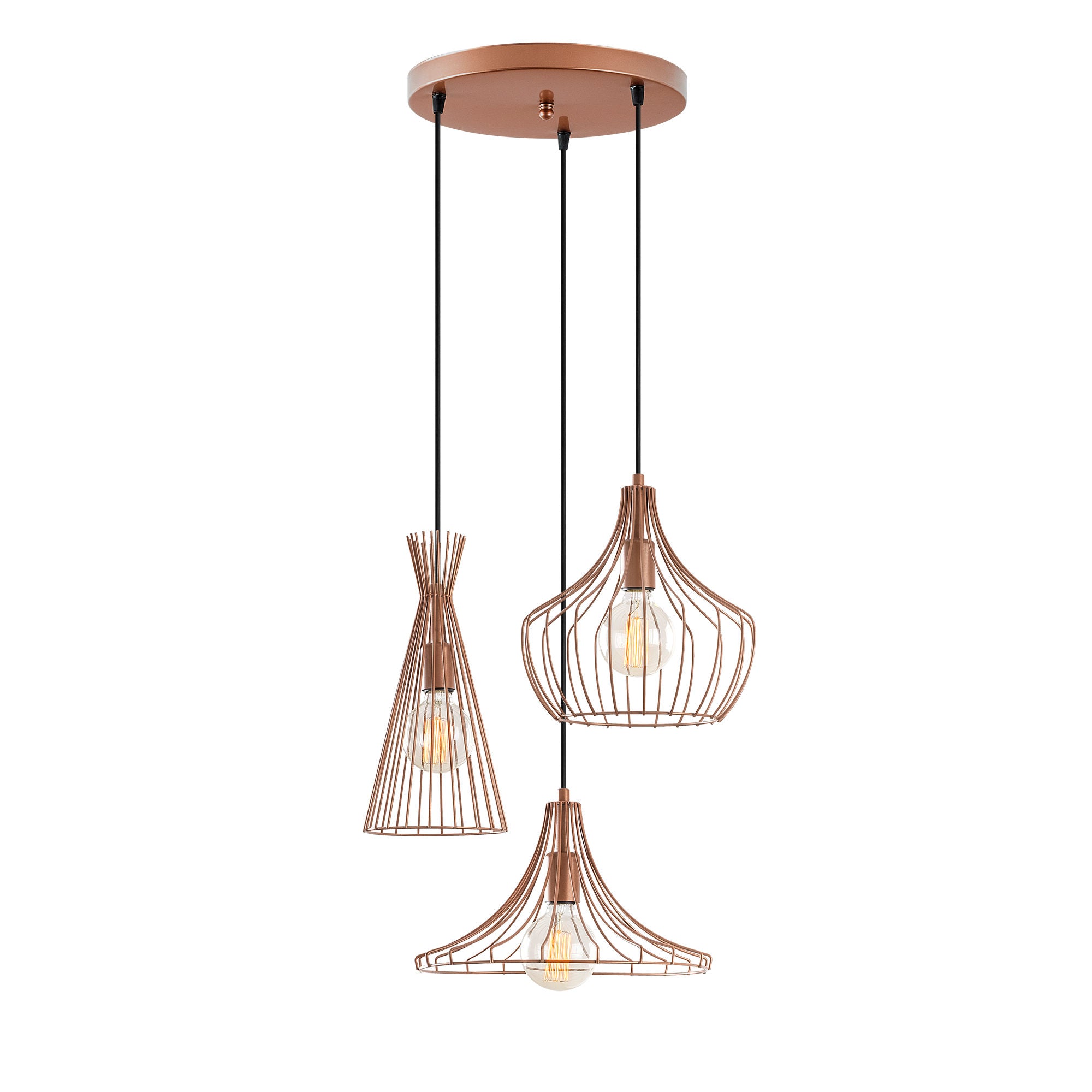 Candeeiro de Teto moderno de cobre, 55 cm de diâmetro, altura ajustável de 113 cm, 3 x E27 máx. 40 W, corpo de metal elegante | Perfeito para espaços contemporâneos