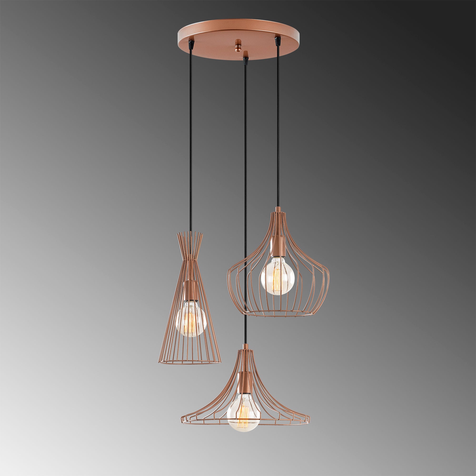 Candeeiro de Teto moderno de cobre, 55 cm de diâmetro, altura ajustável de 113 cm, 3 x E27 máx. 40 W, corpo de metal elegante | Perfeito para espaços contemporâneos