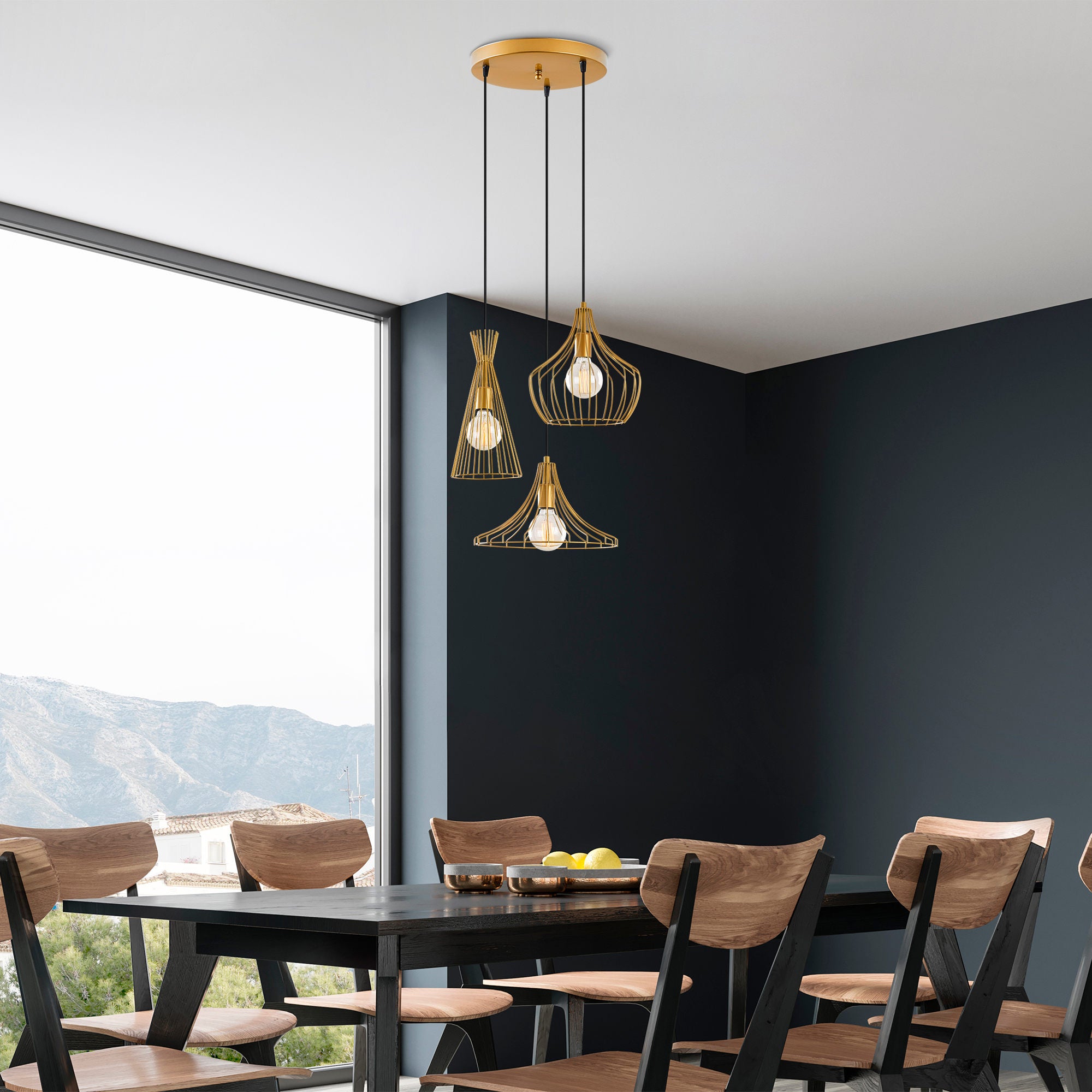 Candeeiro de Teto Dourado Glamouroso, 55 cm de Diâmetro, 113 cm de Altura | Altura Ajustável, 3 x E27 Máx. 40 W | Design Elegante em Metal para Espaços Modernos, Classificação IP20
