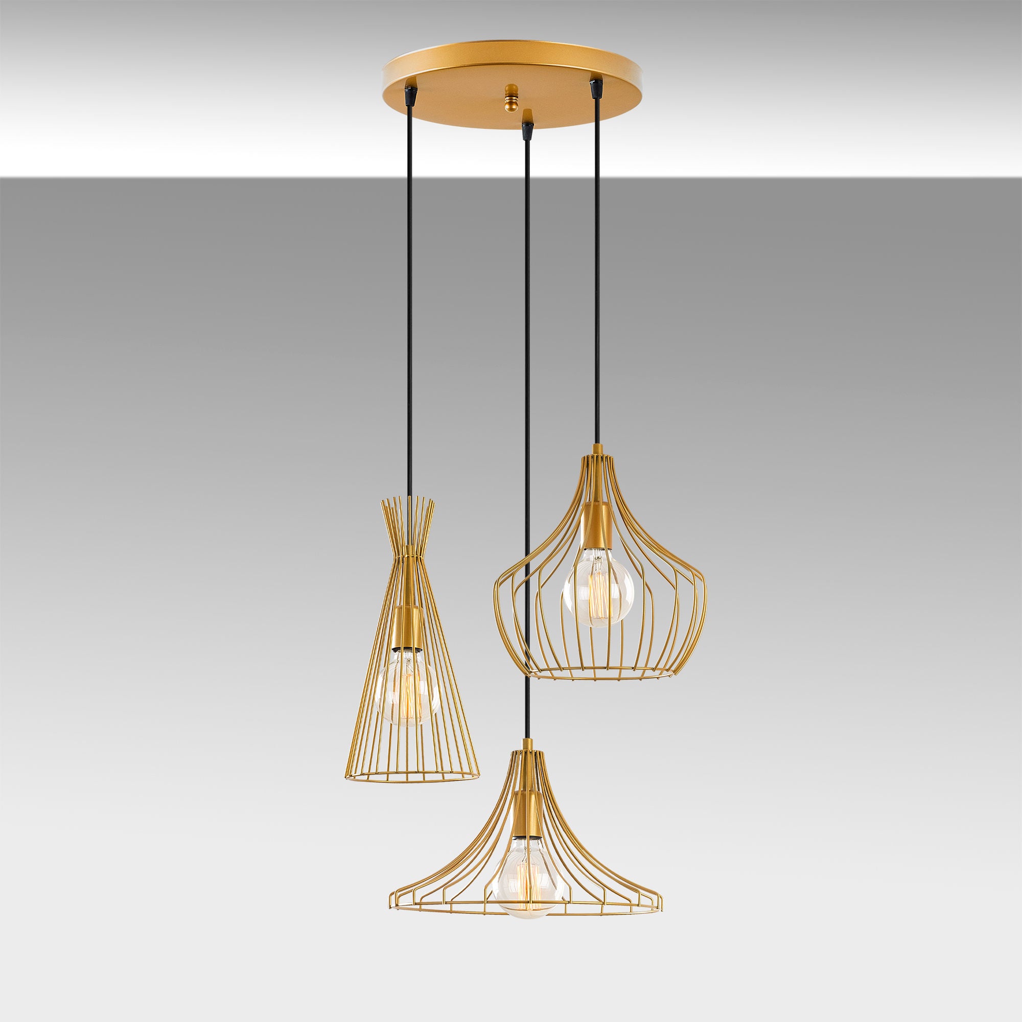 Candeeiro de Teto Dourado Glamouroso, 55 cm de Diâmetro, 113 cm de Altura | Altura Ajustável, 3 x E27 Máx. 40 W | Design Elegante em Metal para Espaços Modernos, Classificação IP20