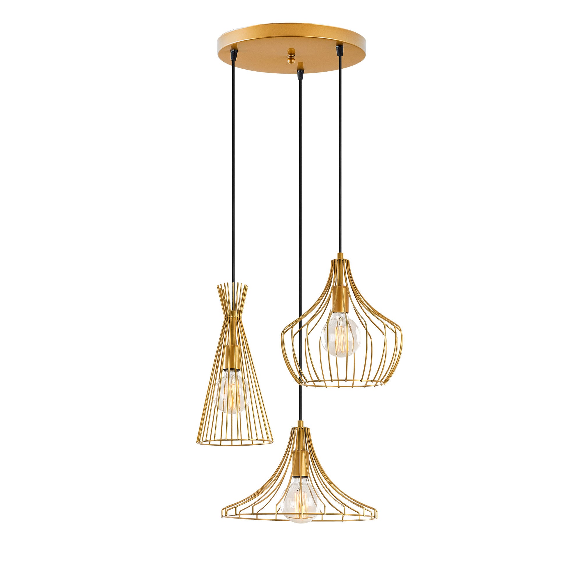 Candeeiro de Teto Dourado Glamouroso, 55 cm de Diâmetro, 113 cm de Altura | Altura Ajustável, 3 x E27 Máx. 40 W | Design Elegante em Metal para Espaços Modernos, Classificação IP20