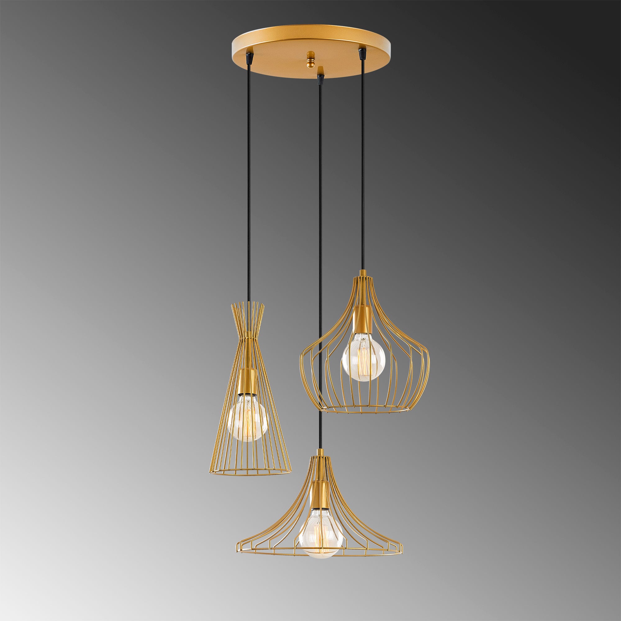 Candeeiro de Teto Dourado Glamouroso, 55 cm de Diâmetro, 113 cm de Altura | Altura Ajustável, 3 x E27 Máx. 40 W | Design Elegante em Metal para Espaços Modernos, Classificação IP20