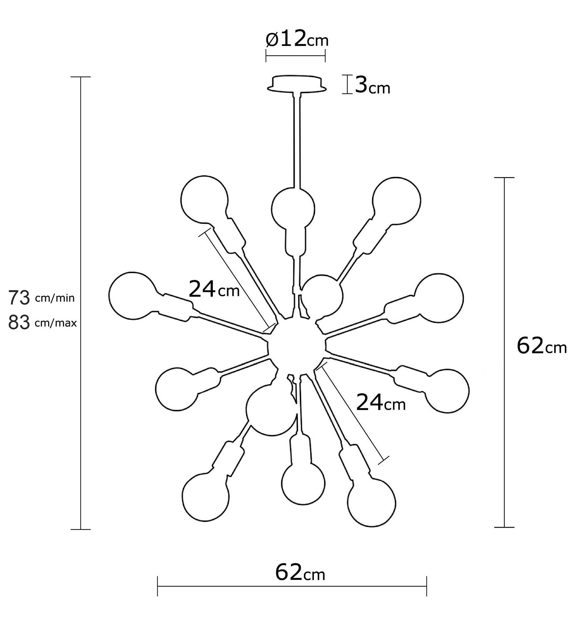 Candeeiro de Teto Industrial Preto, Corpo em Metal, 62 cm de Diâmetro, 83 cm de Altura | 12 x E27 Máx. 40 W | Iluminação Elegante para Espaços Modernos, Classificação IP20