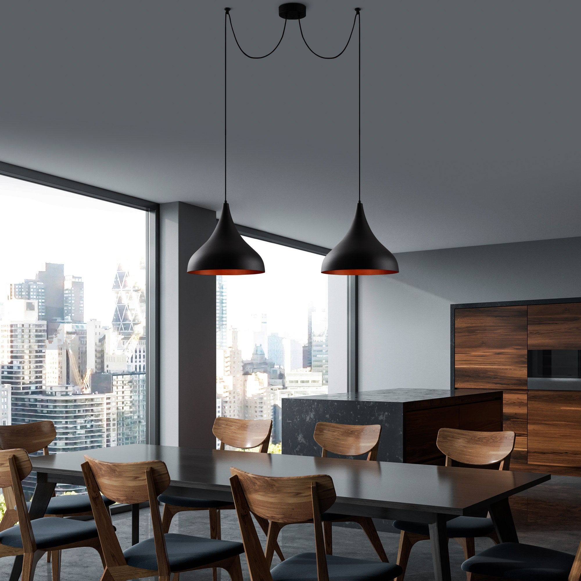 Candeeiro de Teto Industrial Moderno, Corpo em Metal Preto, 131 cm de Diâmetro, 127 cm de Altura | 2 x E27 Máx. 40 W | Iluminação Elegante para Casa e Escritório