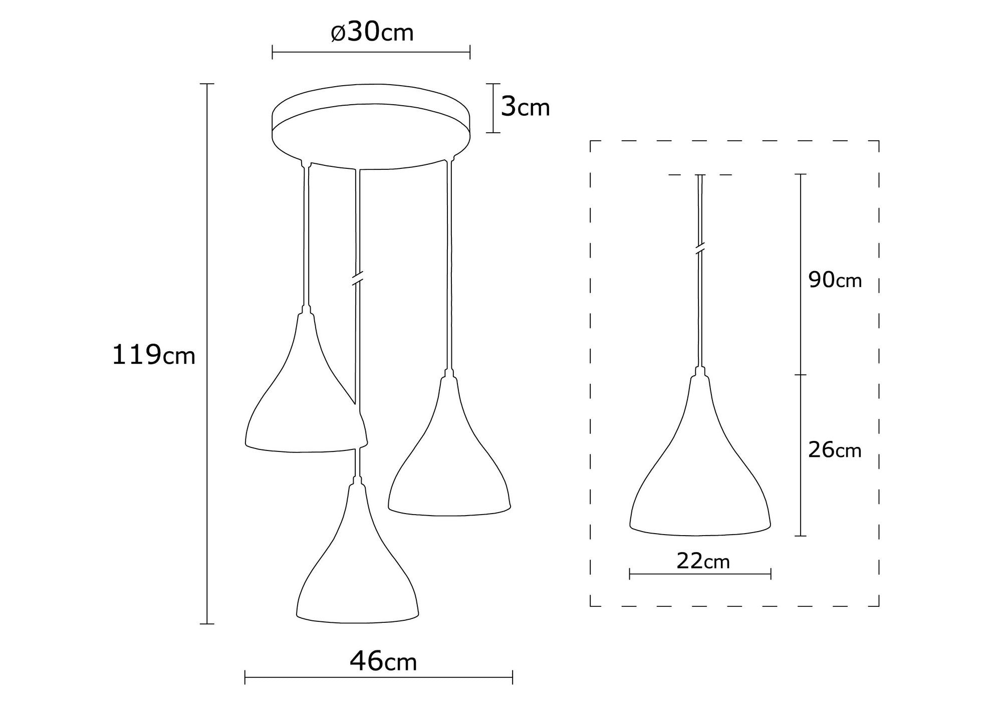 Candeeiro de Teto Industrial Moderno, Corpo em Metal Preto, 46 cm de Diâmetro, 119 cm de Altura | 3 Soquetes E27, Design Escandinavo Elegante para Casa e Escritório