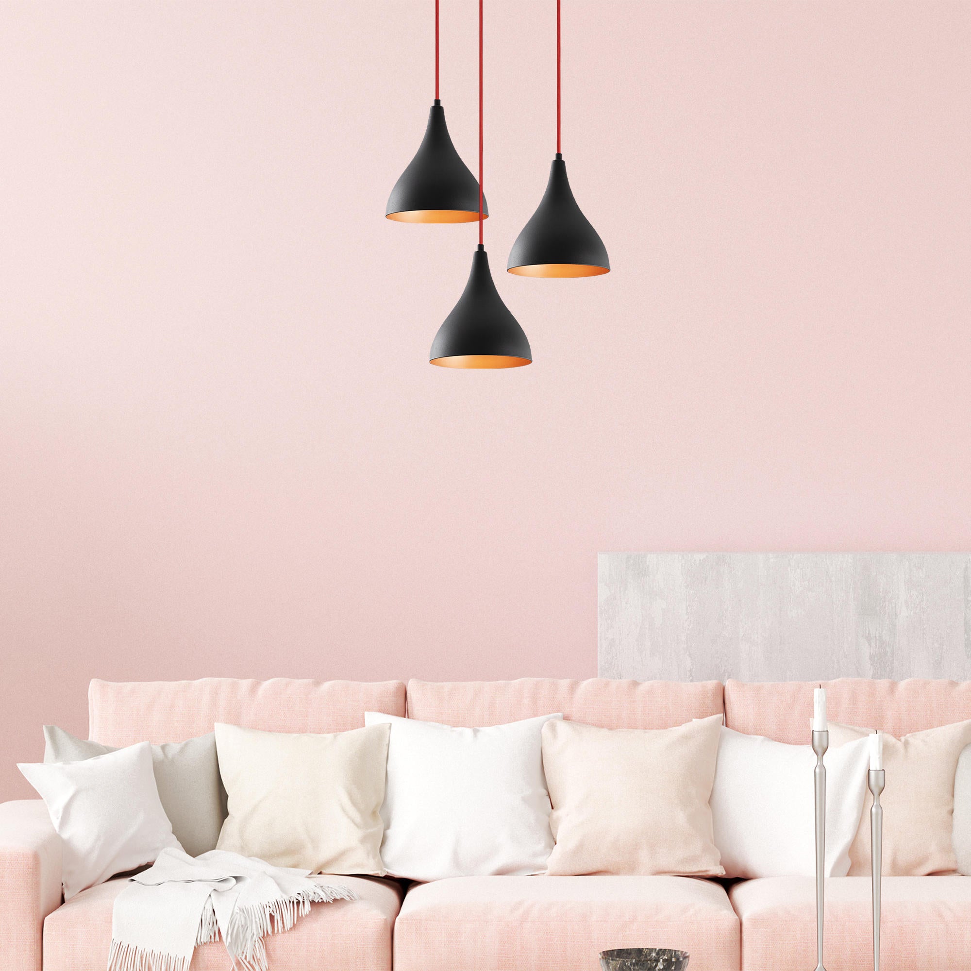 Candeeiro de Teto Industrial Moderno, Preto e Vermelho, 46 cm de Diâmetro, 119 cm de Altura | Corpo em Metal, 3 Soquetes E27, Iluminação Elegante para Casa e Escritório