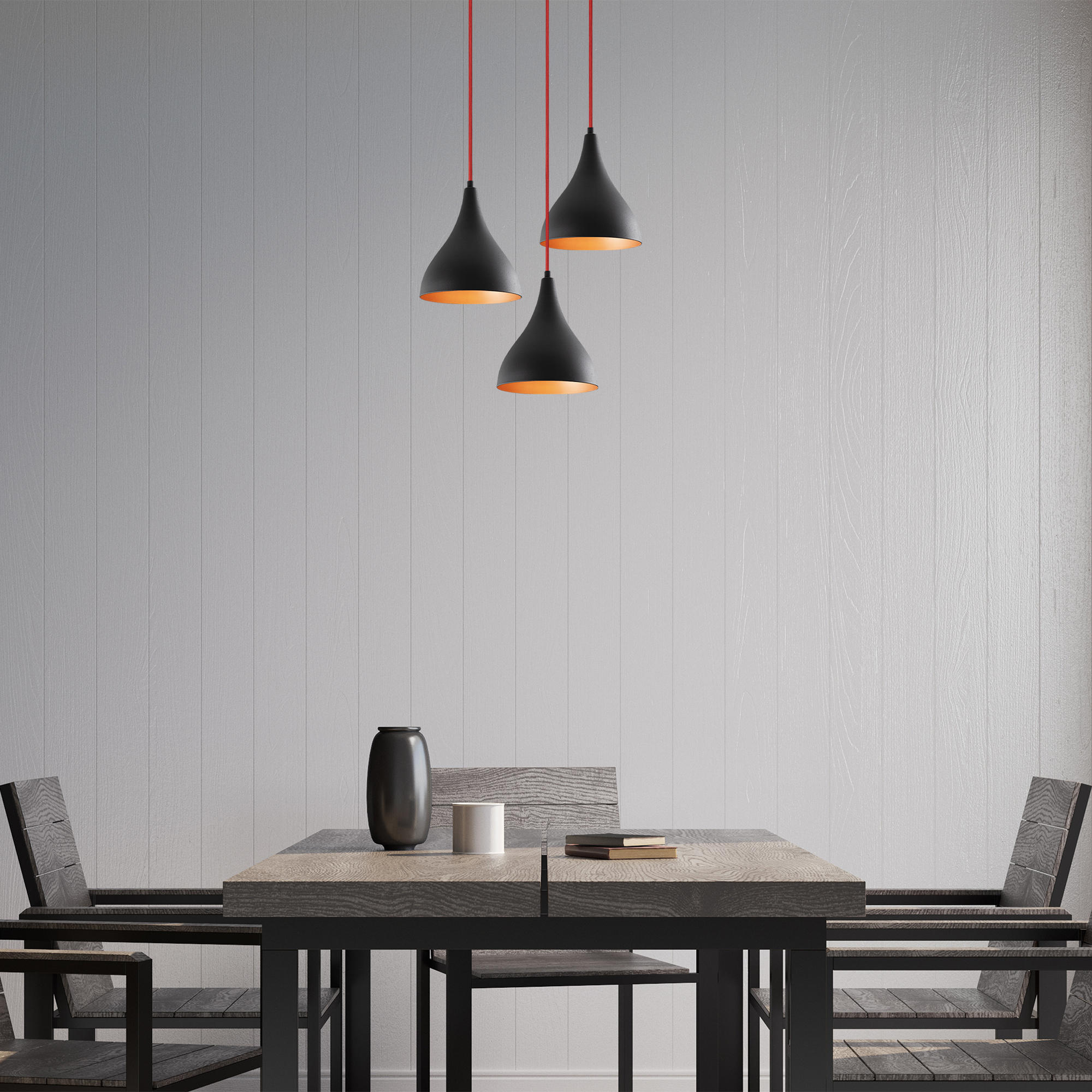 Candeeiro de Teto Industrial Moderno, Preto e Vermelho, 46 cm de Diâmetro, 119 cm de Altura | Corpo em Metal, 3 Soquetes E27, Iluminação Elegante para Casa e Escritório