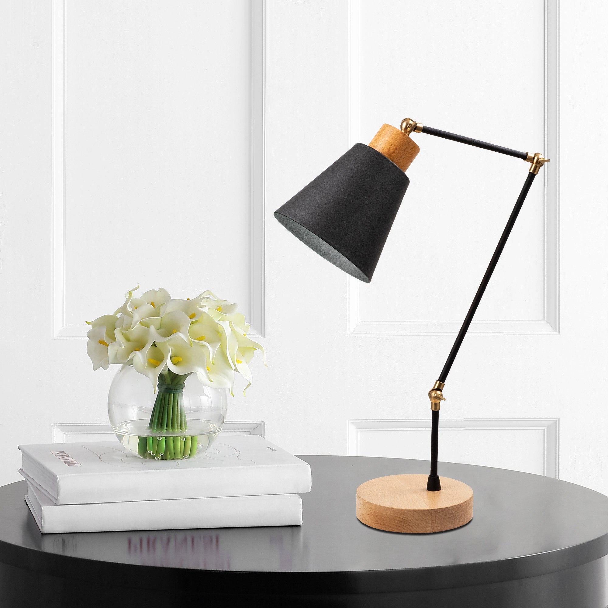 Candeeiro de Mesa Moderna com Corpo de Metal e Base de Madeira, 52 cm de Altura, 14 cm de Diâmetro, Preto e Carvalho | Soquete E27, 40 W Máx., Elegante para Decoração Industrial e Escandinava