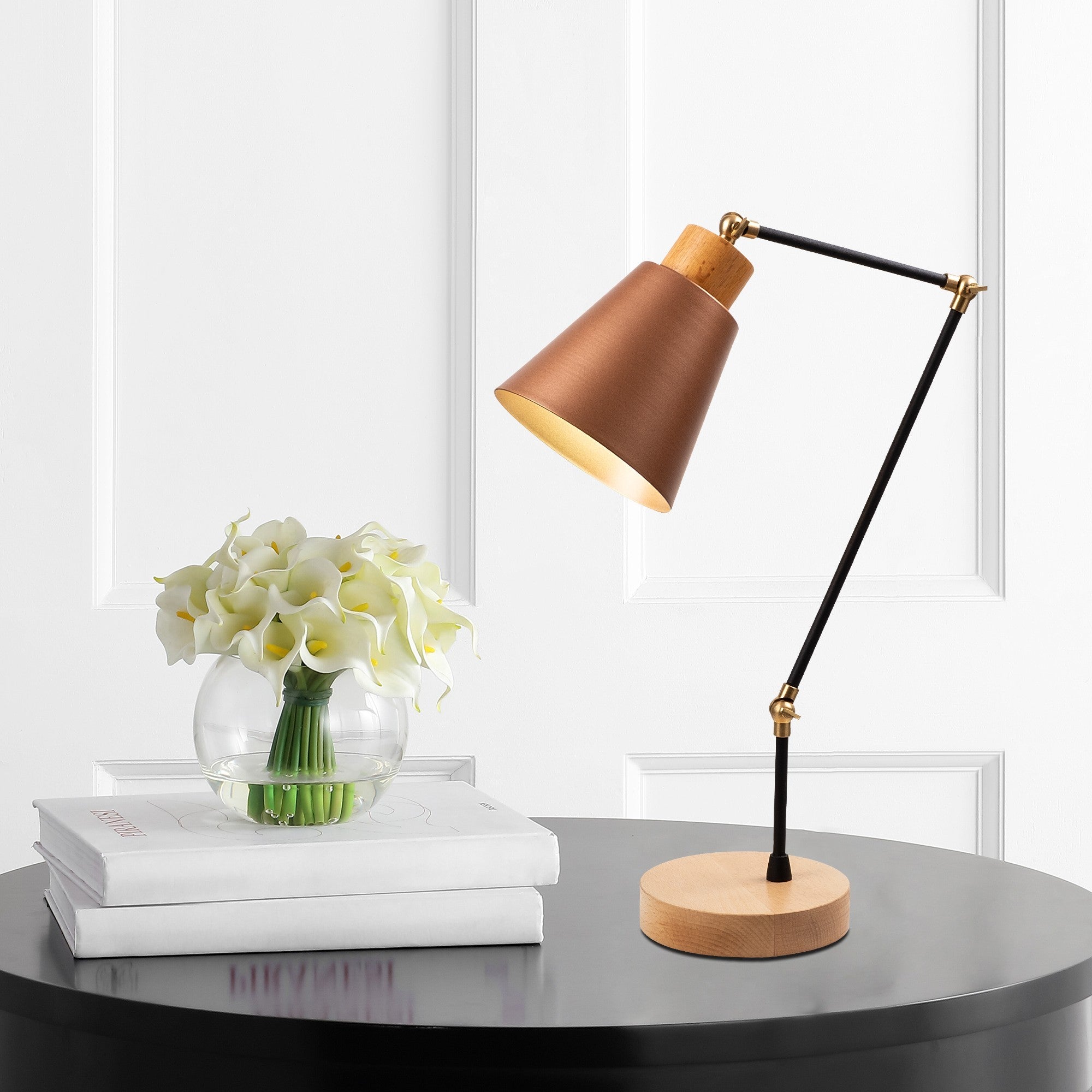 Candeeiro de Mesa moderna em cobre, 52 cm de altura, corpo em ferro e base em madeira de carpa, soquete E27, cabo de 200 cm, design escandinavo elegante para casa e escritório