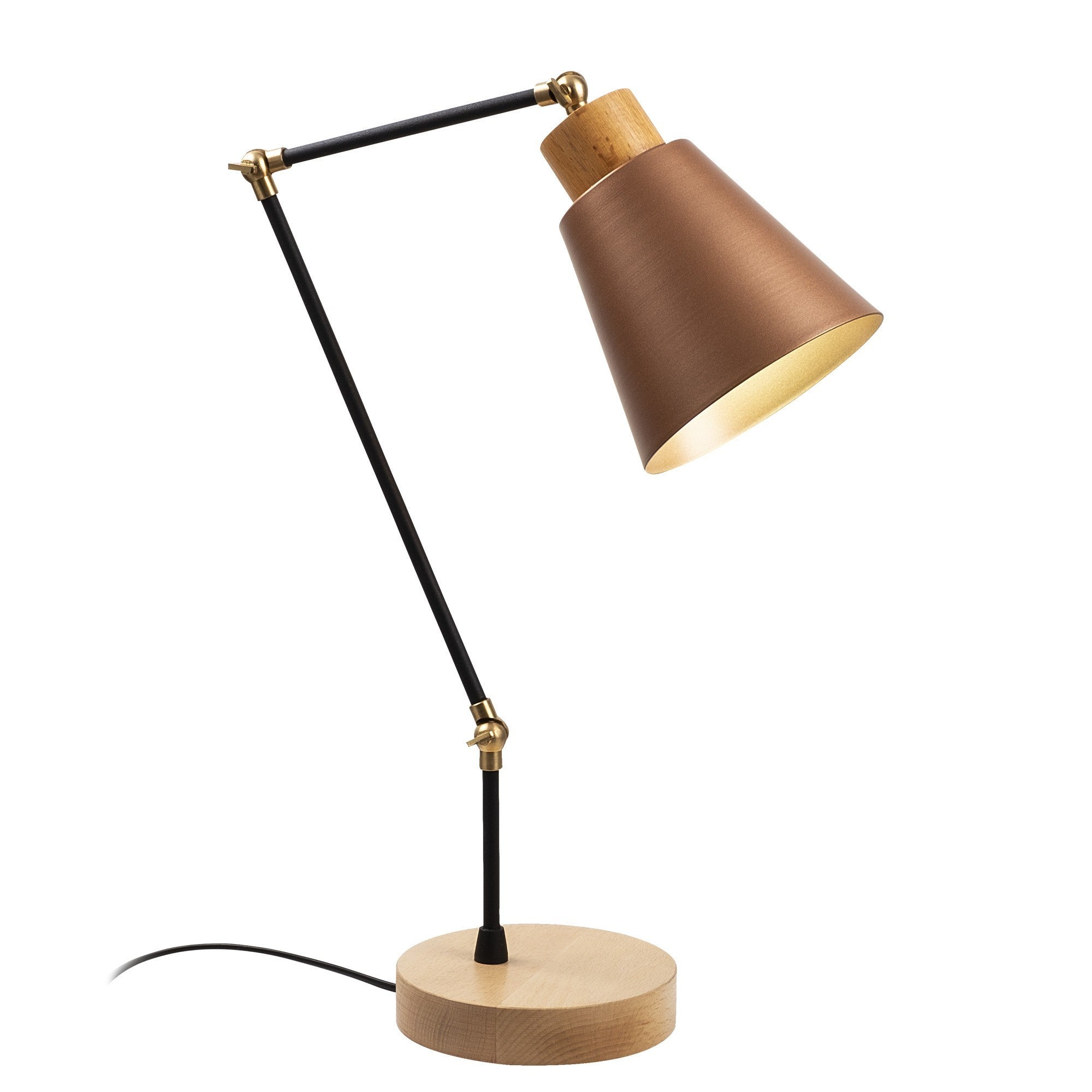 Candeeiro de Mesa moderna em cobre, 52 cm de altura, corpo em ferro e base em madeira de carpa, soquete E27, cabo de 200 cm, design escandinavo elegante para casa e escritório