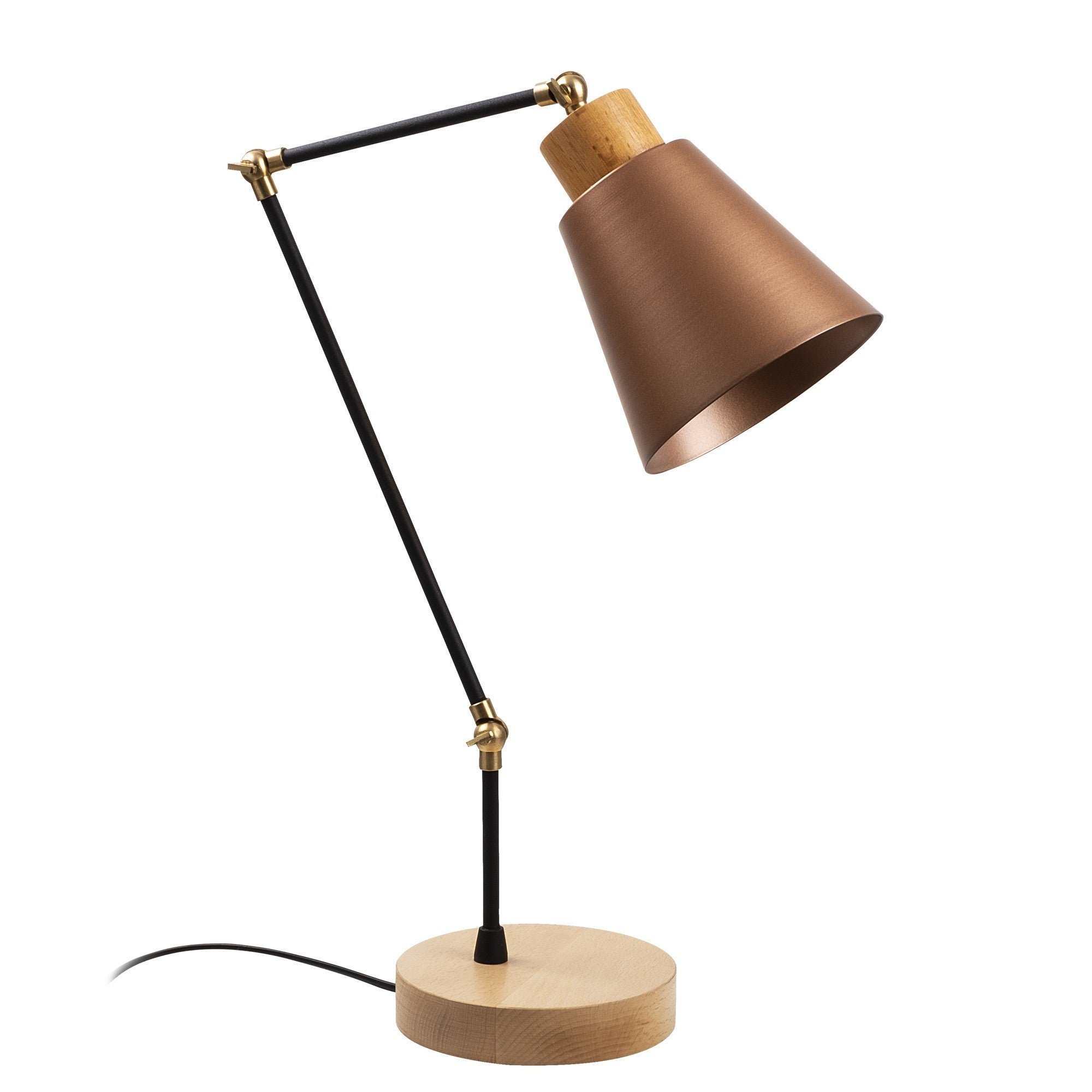 Candeeiro de Mesa moderna em cobre, 52 cm de altura, corpo em ferro e base em madeira de carpa, soquete E27, cabo de 200 cm, design escandinavo elegante para casa e escritório