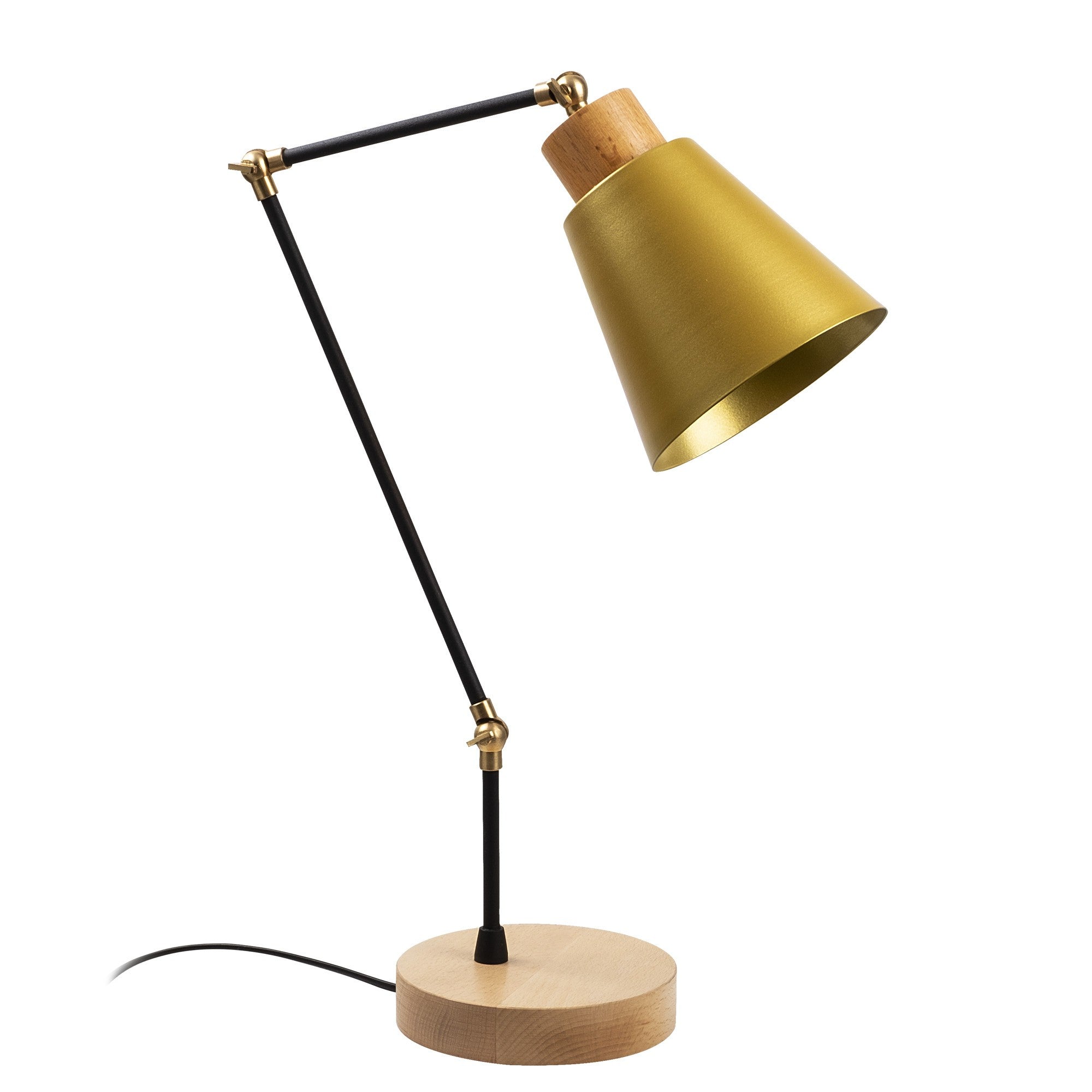 Candeeiro de Mesa Moderna Dourada, Corpo de Metal com Base de Madeira, 52 cm de Altura, 14 cm de Diâmetro, Soquete E27, Cabo de 200 cm | Iluminação Elegante para Casa e Escritório