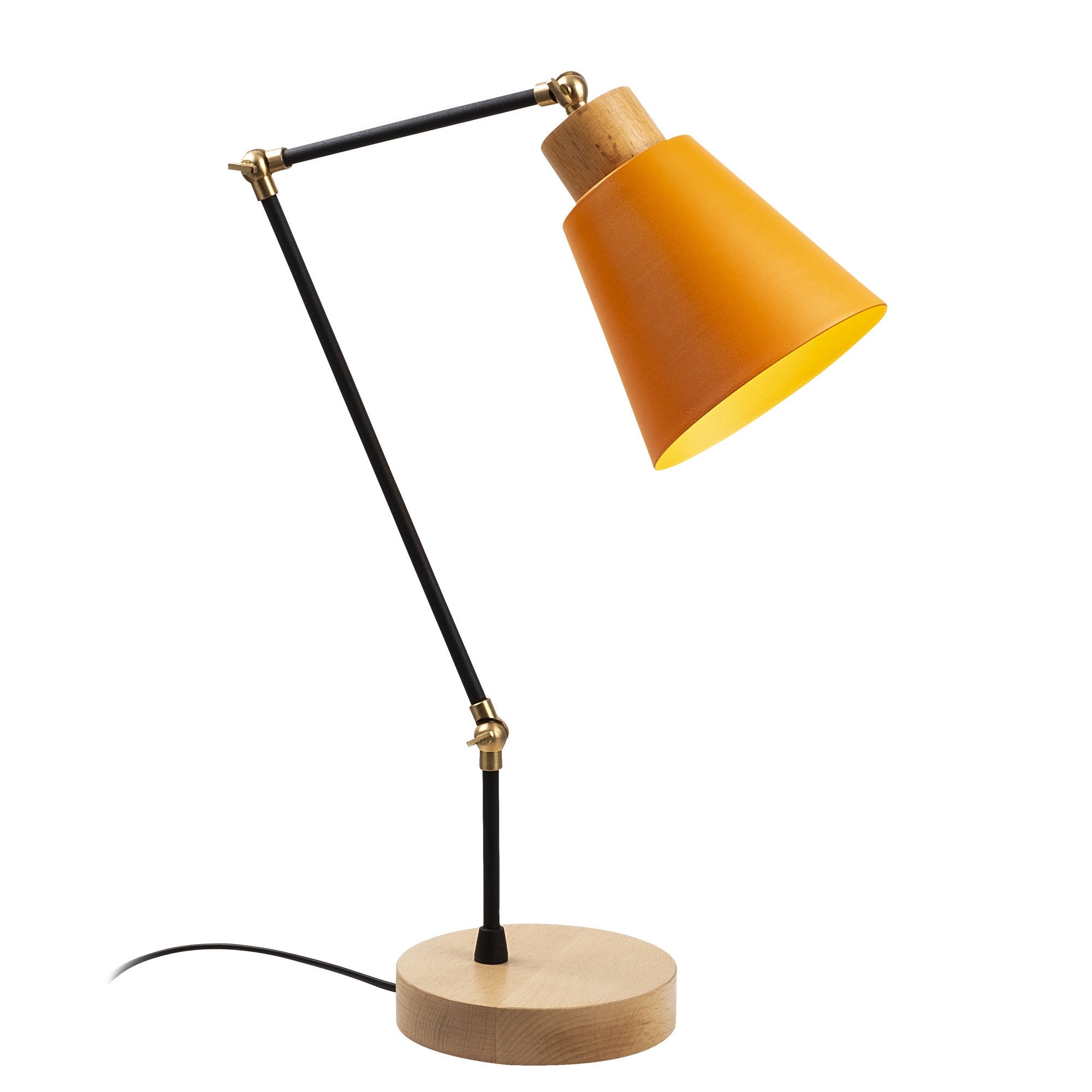 Candeeiro de Mesa Laranja Moderna, Corpo de Metal com Base de Madeira, 52 cm de Altura, Soquete E27, Cabo de 200 cm | Iluminação Elegante e Funcional para Decoração de Casa