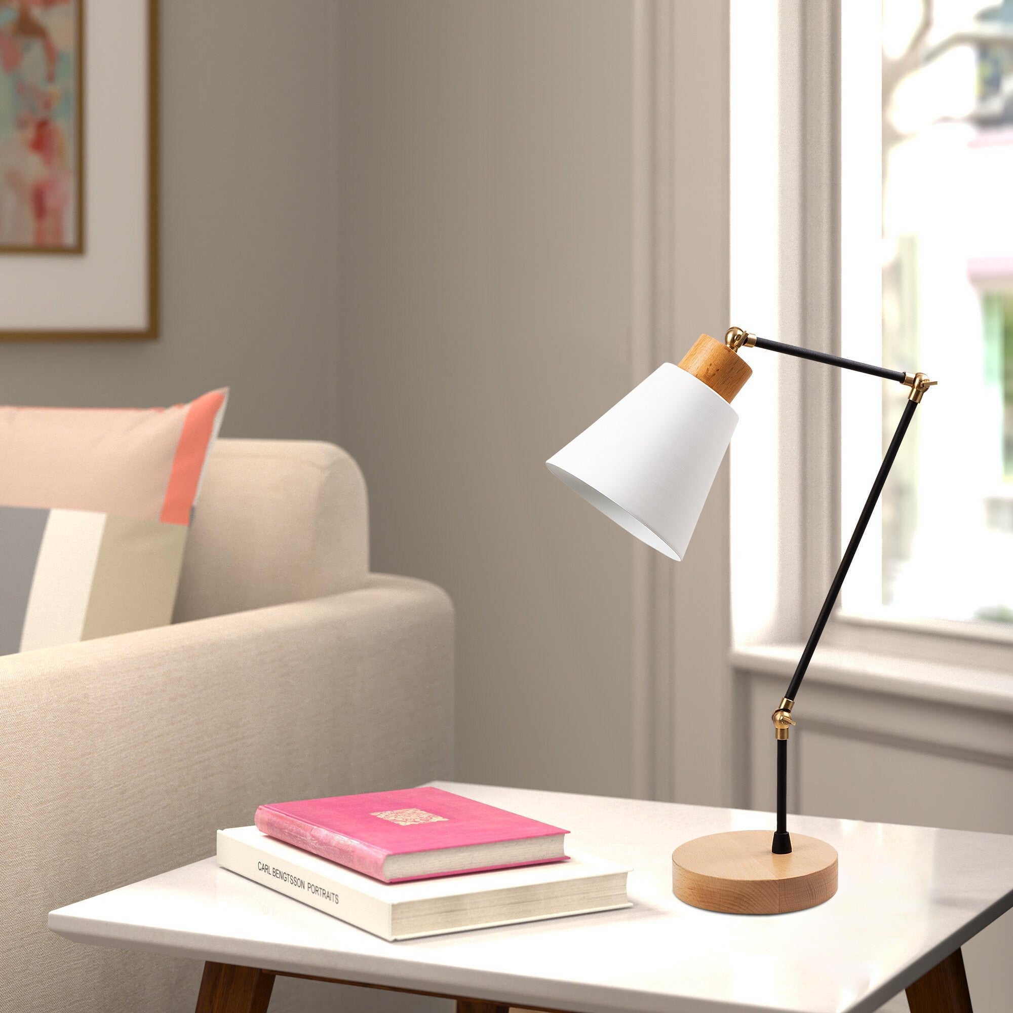 Candeeiro de Mesa Moderna com Corpo de Ferro e Base de Carpa, 52 cm de Altura, 14 cm de Diâmetro, Soquete E27, Cabo de 200 cm | Design Branco Elegante para Decoração Glamourosa e Escandinava