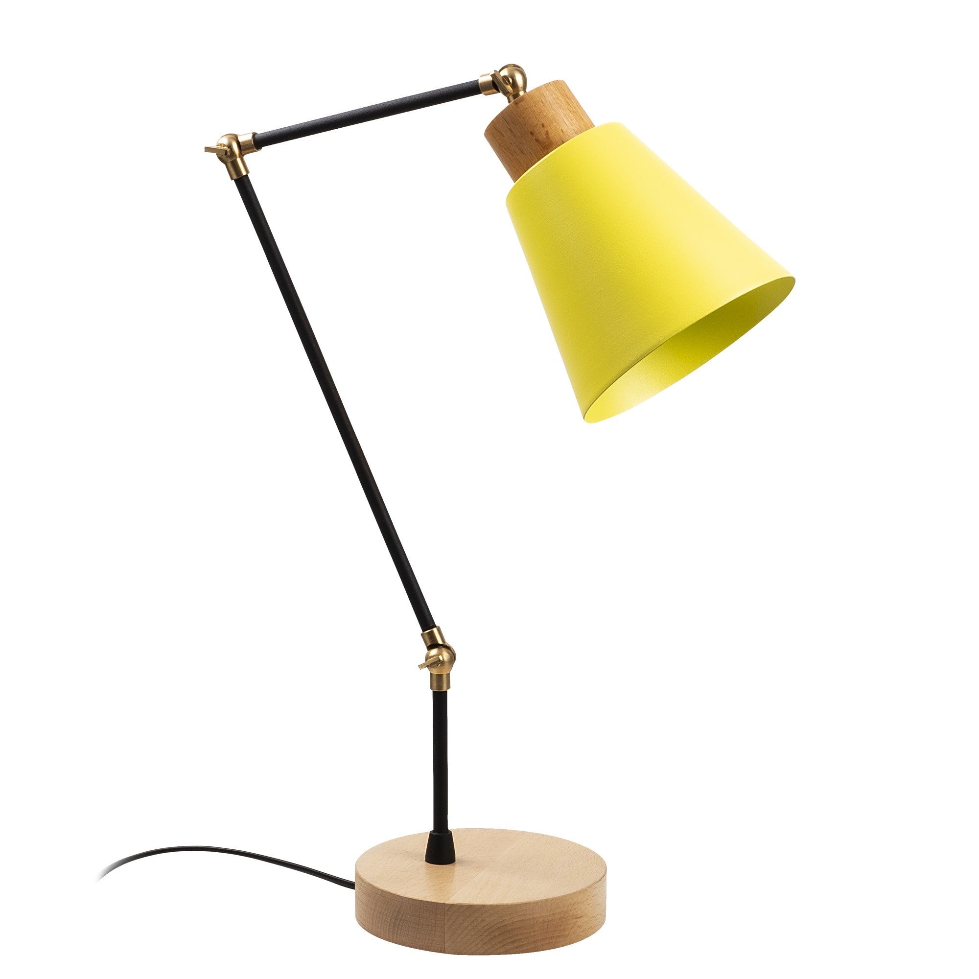 Candeeiro de Mesa Amarela Moderna, Corpo de Metal com Base de Madeira, 52 cm de Altura, Soquete E27, Cabo de 200 cm | Iluminação Elegante e Funcional para Decoração de Casa