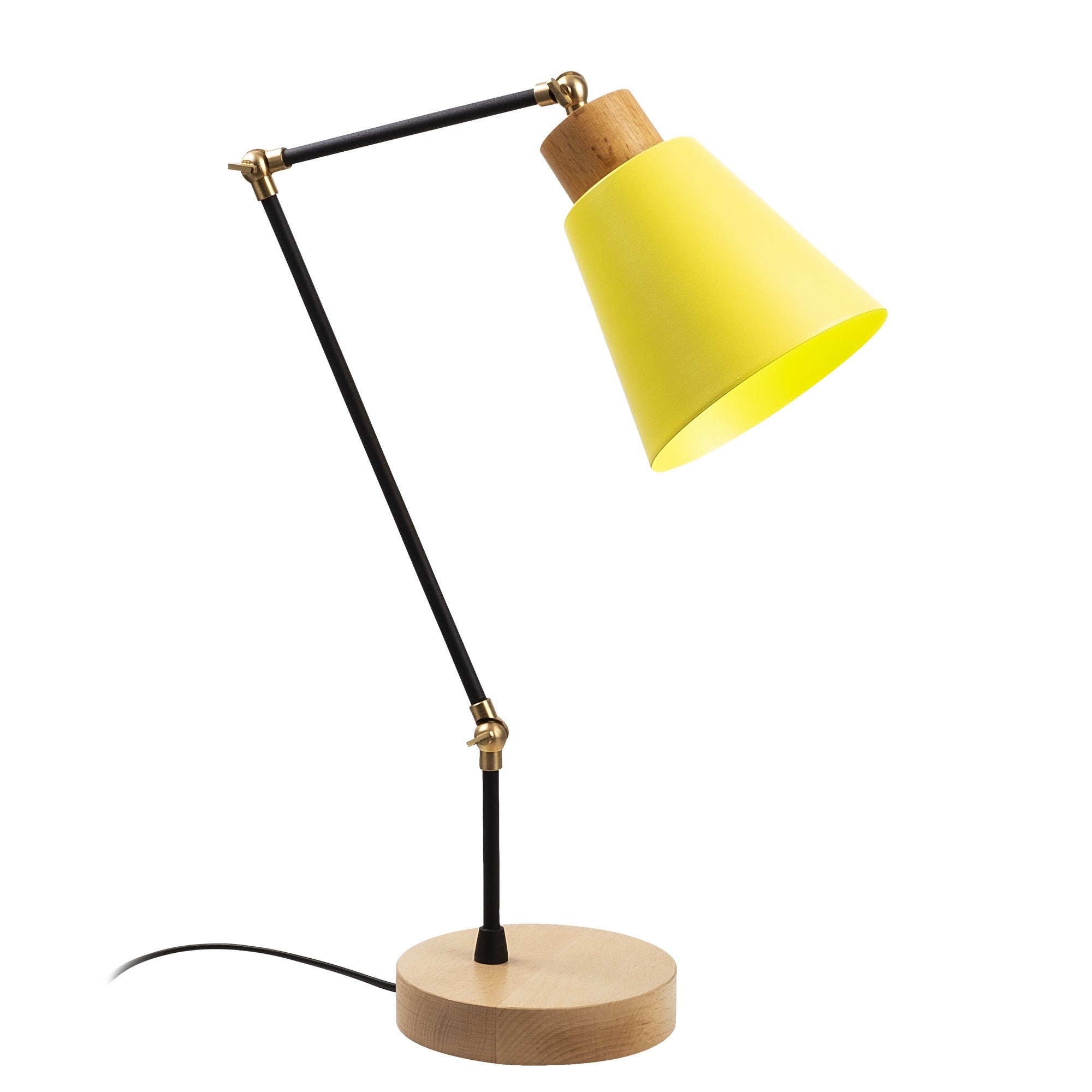 Candeeiro de Mesa Amarela Moderna, Corpo de Metal com Base de Madeira, 52 cm de Altura, Soquete E27, Cabo de 200 cm | Iluminação Elegante e Funcional para Decoração de Casa