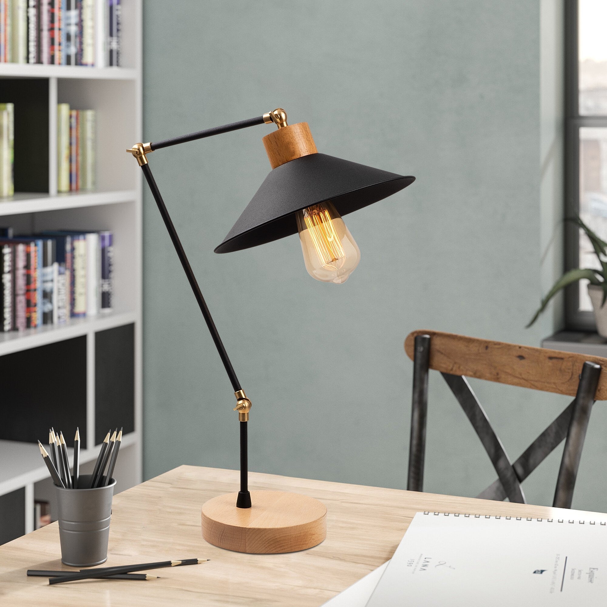 Candeeiro de Mesa Moderna com Corpo de Metal e Base de Madeira, 24 cm de Diâmetro, 52 cm de Altura | Soquete E27, 40 W Máx., Preta | Design Industrial e Escandinavo Elegante
