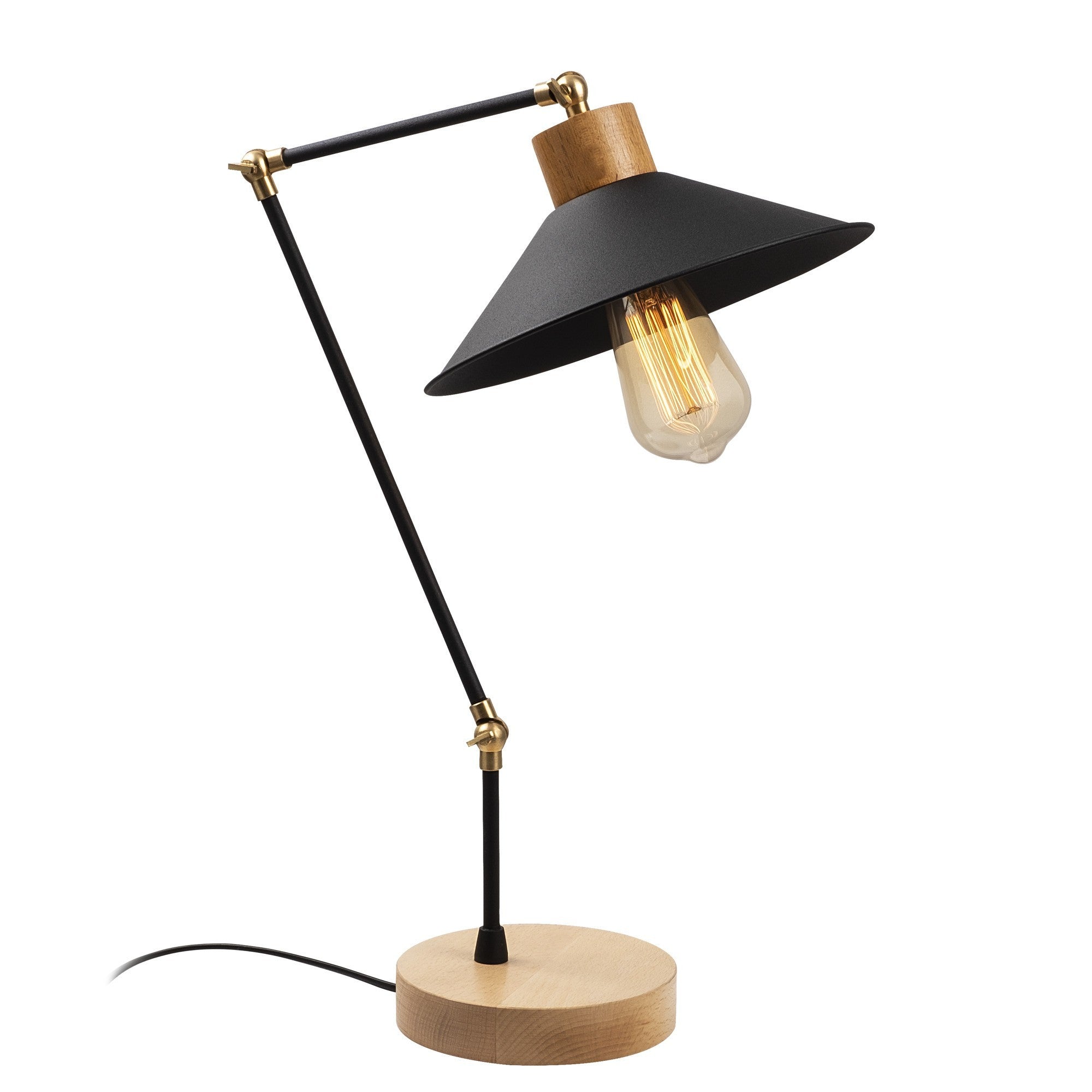 Candeeiro de Mesa Moderna com Corpo de Metal e Base de Madeira, 24 cm de Diâmetro, 52 cm de Altura | Soquete E27, 40 W Máx., Preta | Design Industrial e Escandinavo Elegante