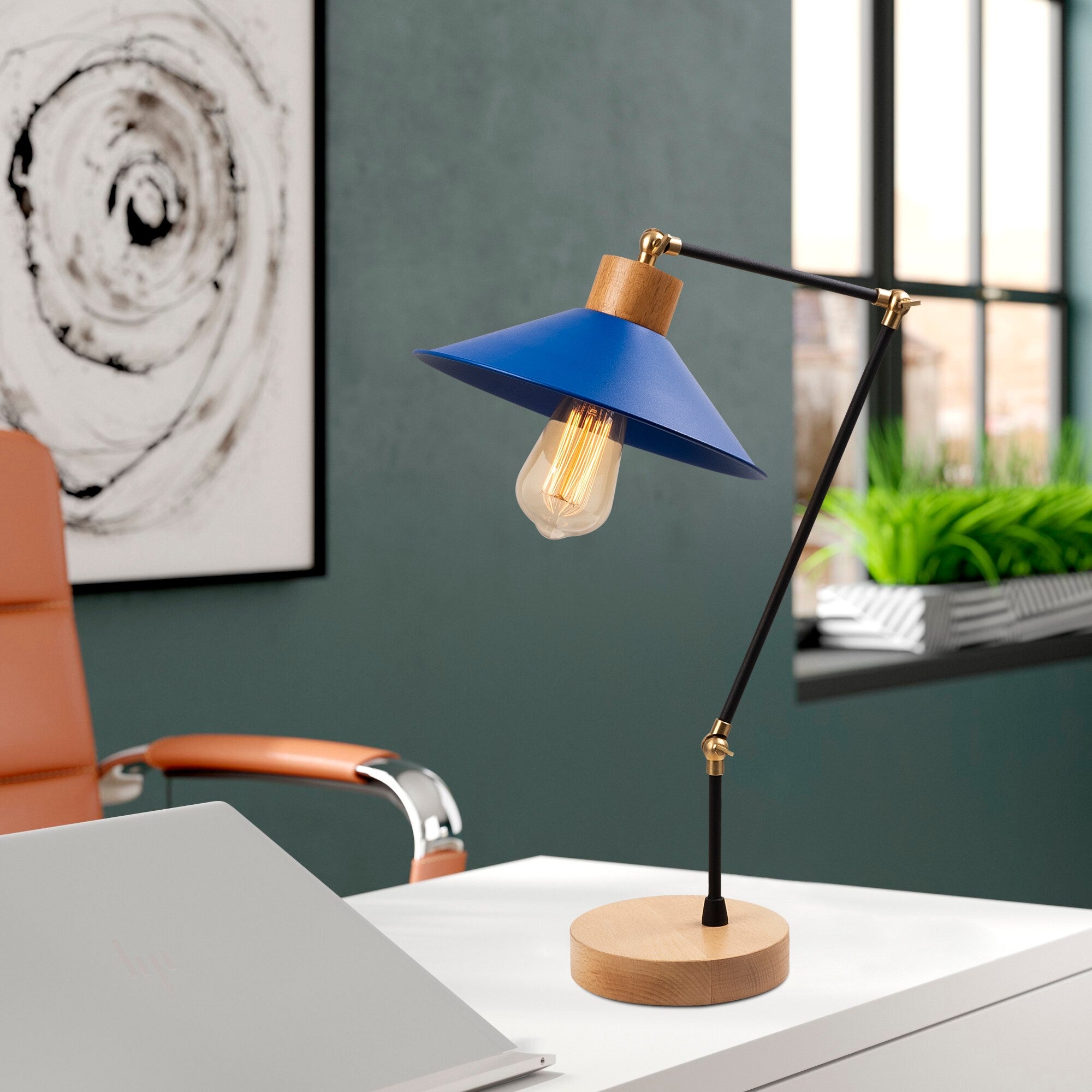 Candeeiro de Mesa Azul Moderna com Corpo de Metal e Base de Madeira, 52 cm de Altura, 24 cm de Diâmetro, Soquete E27, Cabo de 200 cm | Iluminação Elegante para Casa e Escritório