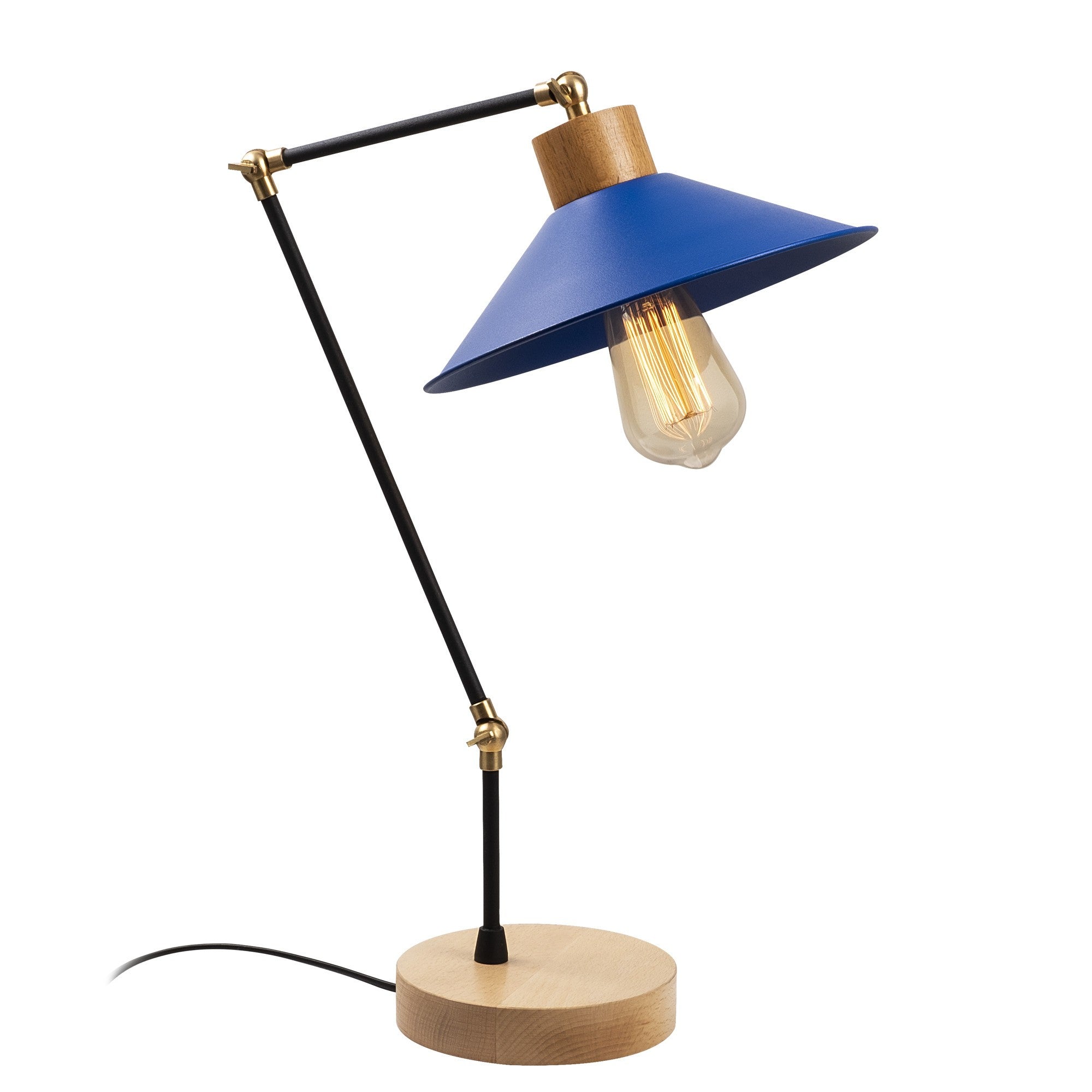 Candeeiro de Mesa Azul Moderna com Corpo de Metal e Base de Madeira, 52 cm de Altura, 24 cm de Diâmetro, Soquete E27, Cabo de 200 cm | Iluminação Elegante para Casa e Escritório
