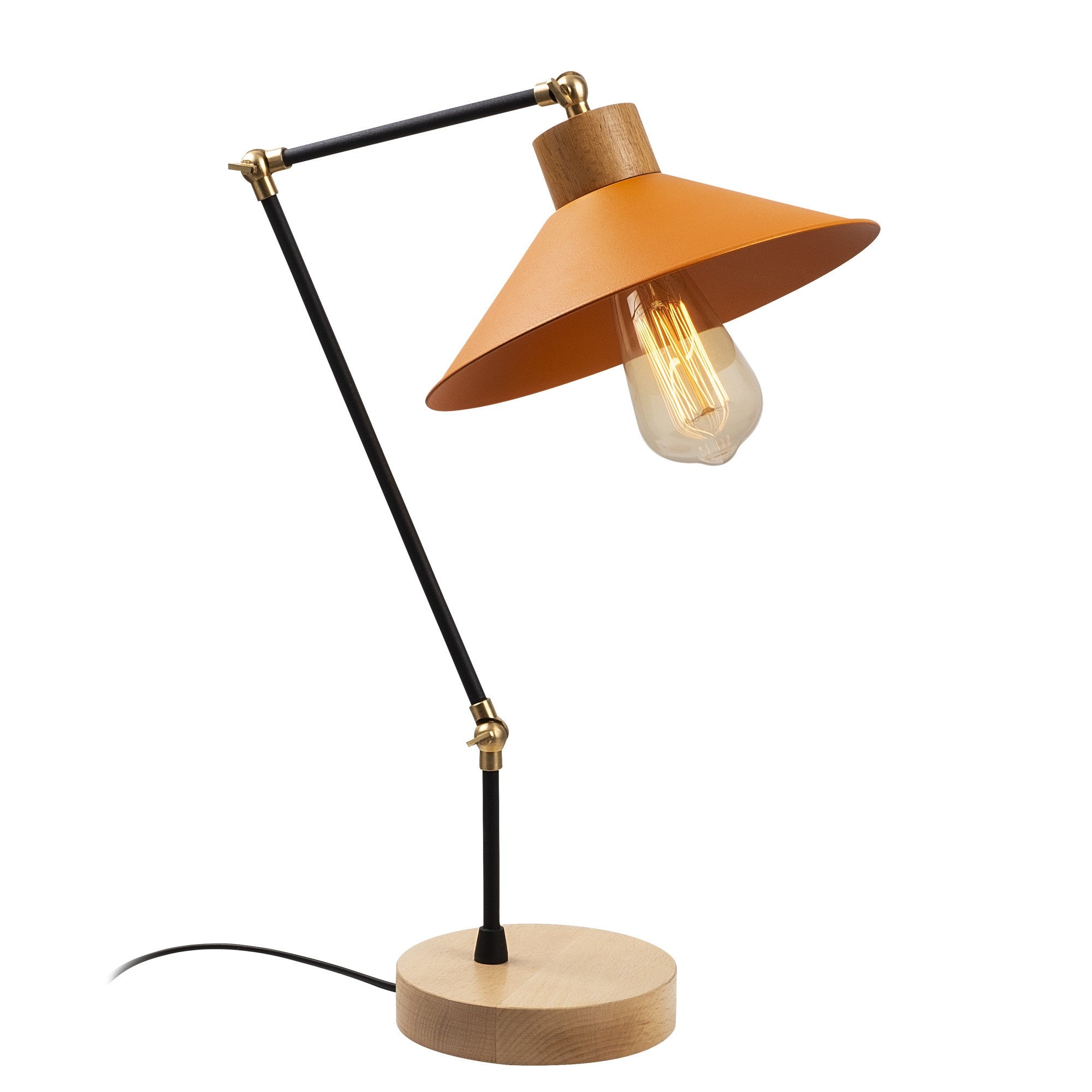 Candeeiro de Mesa Moderna com Corpo de Metal e Base de Madeira, 24 cm de Diâmetro, 52 cm de Altura, Cor Laranja, Soquete E27, Cabo de 200 cm | Iluminação Elegante e Funcional