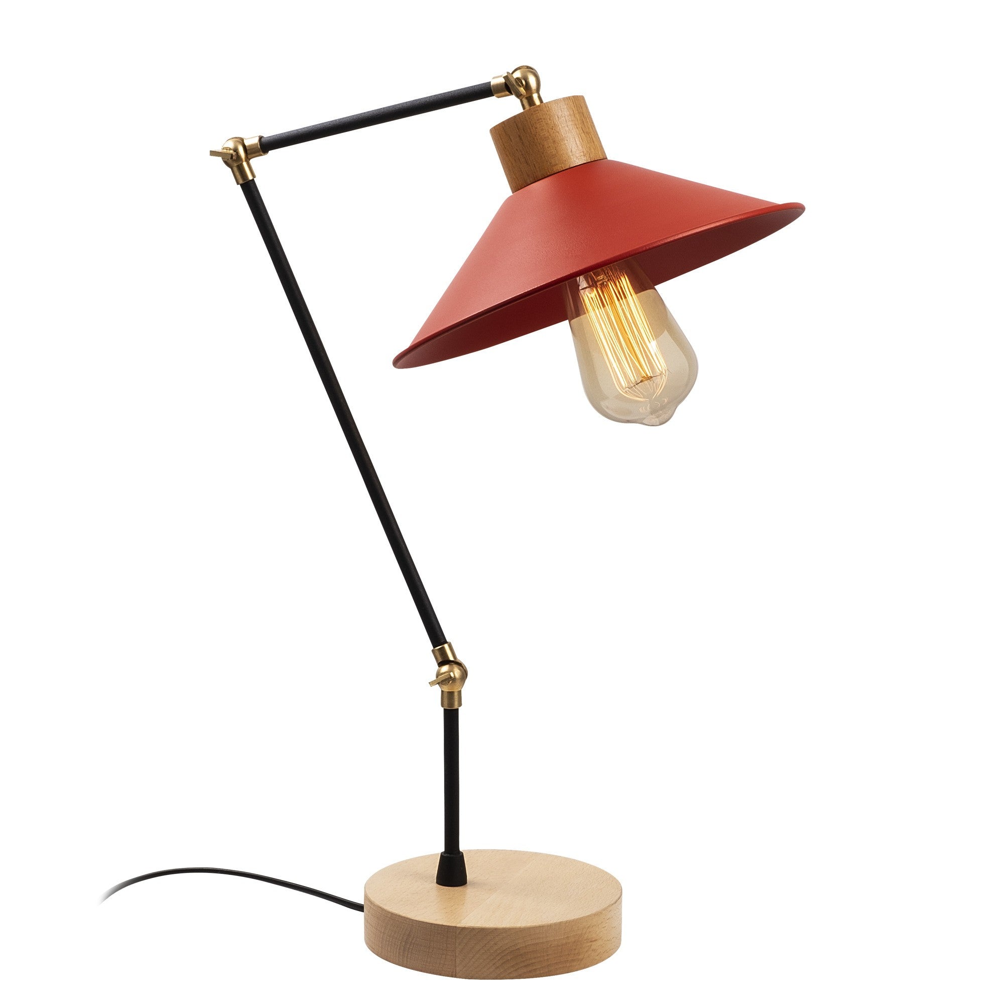 Candeeiro de Mesa Moderna Vermelha, Corpo de Metal com Base de Madeira, 52 cm de Altura, 24 cm de Diâmetro, Soquete E27, Cabo de 200 cm | Iluminação Elegante e Funcional para Decoração de Casa