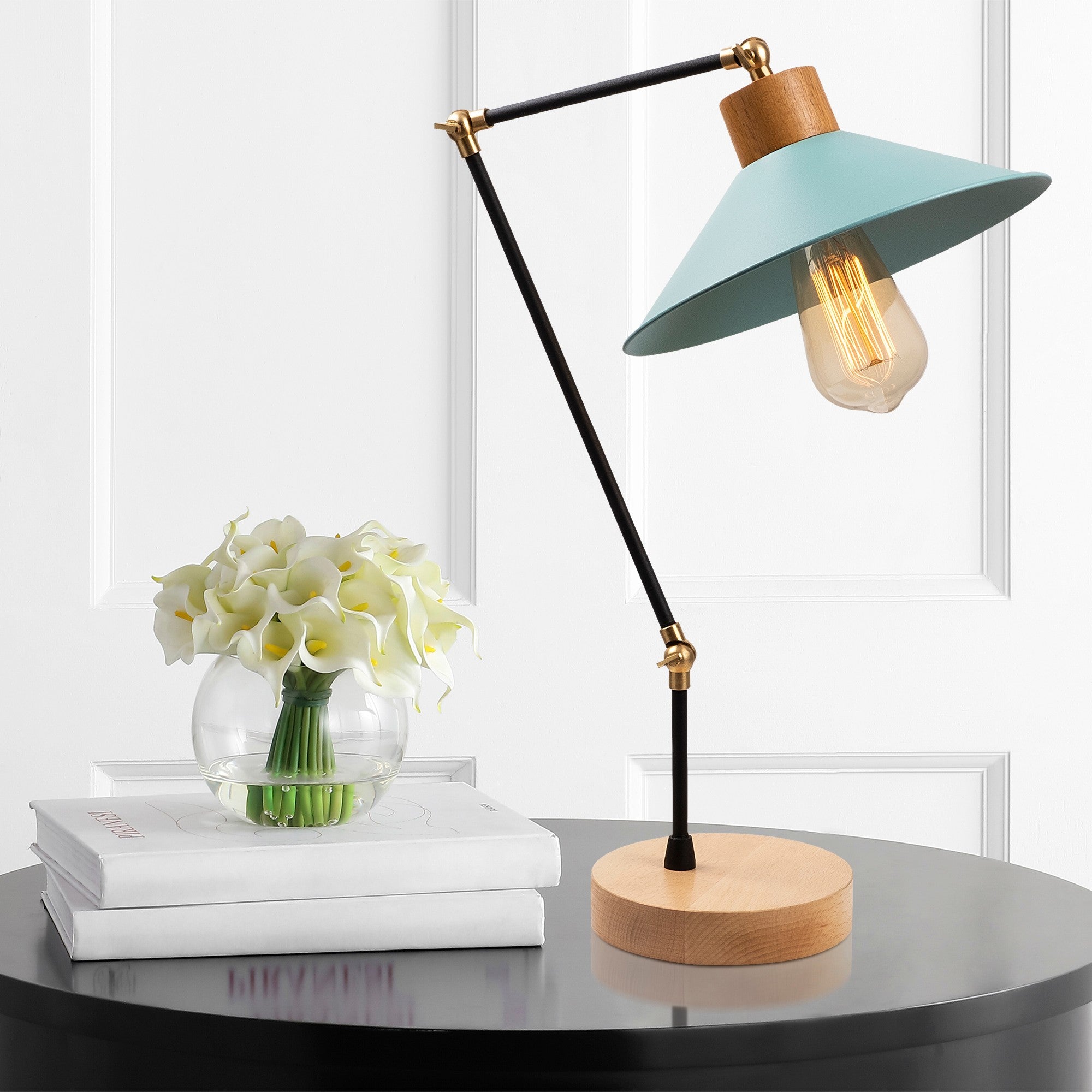 Candeeiro de Mesa Moderna com Corpo de Metal e Base de Madeira, Turquesa, 52 cm de Altura | Soquete E27, 40 W Máx., Cabo de 200 cm | Iluminação Elegante para Casa e Escritório