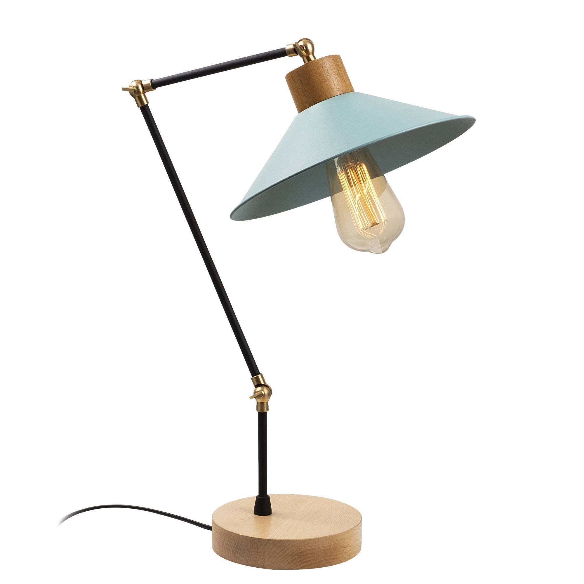 Candeeiro de Mesa Moderna com Corpo de Metal e Base de Madeira, Turquesa, 52 cm de Altura | Soquete E27, 40 W Máx., Cabo de 200 cm | Iluminação Elegante para Casa e Escritório