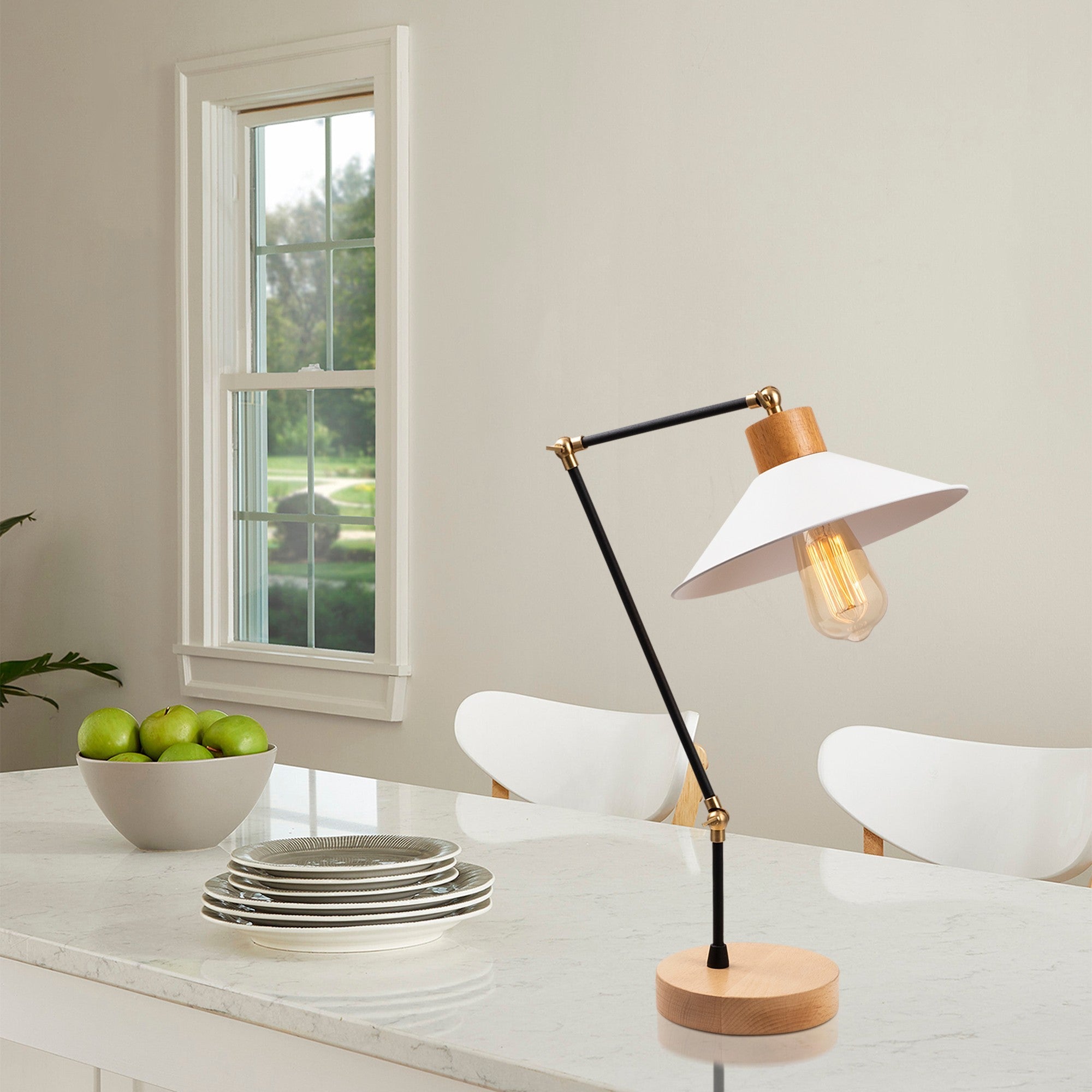 Candeeiro de Mesa Moderna com Corpo de Metal e Base de Madeira, 24 cm de Diâmetro, 52 cm de Altura | Soquete E27, 40 W Máx., IP20 | Design Escandinavo Elegante para Casa e Escritório