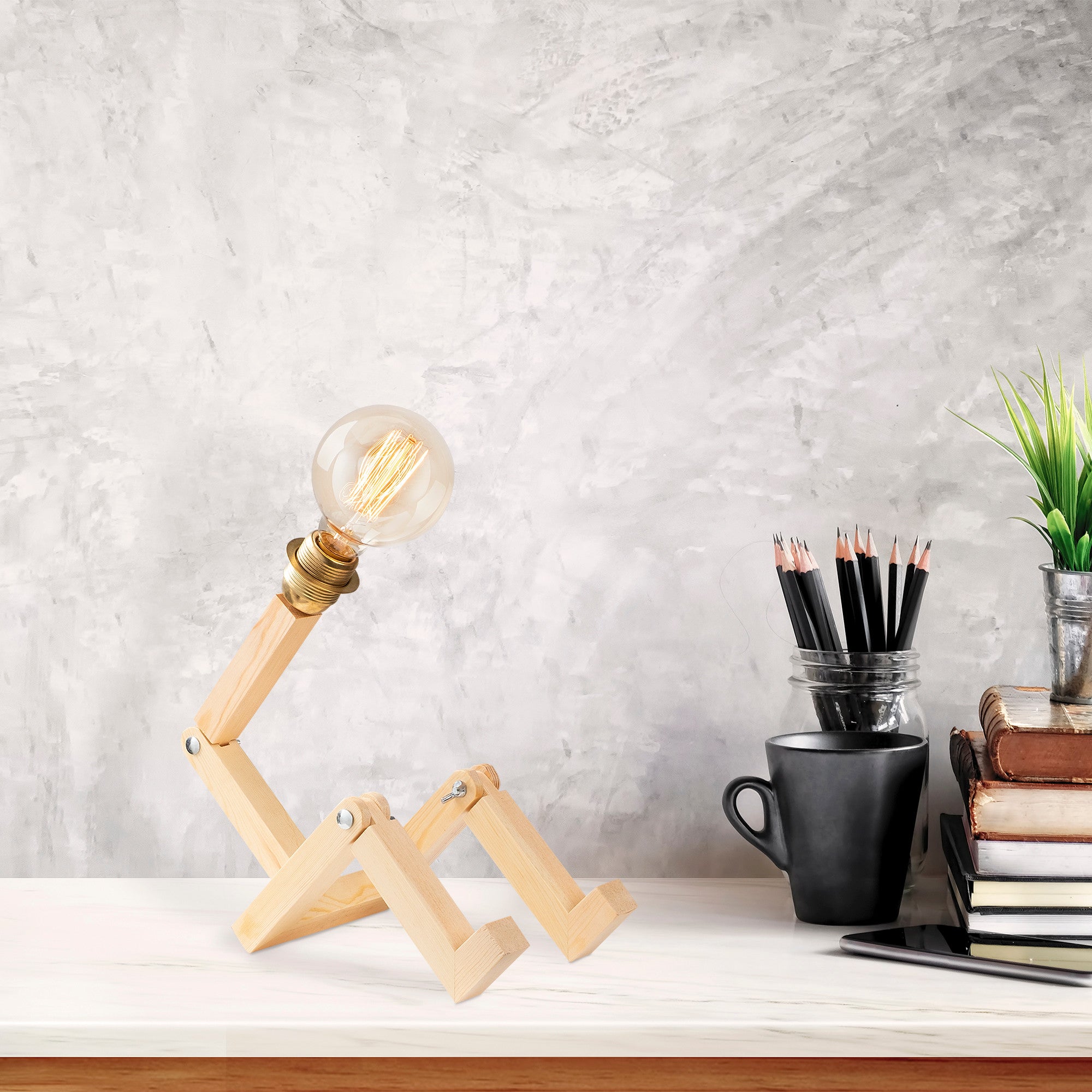 Candeeiro de Mesa Rústica Moderna, Corpo em Carpa, 15 x 17 x 48 cm | Soquete E27, Máx. 40 W, Cabo de 200 cm | Cor Natural, Perfeita para Decoração de Cabanas e Lodges