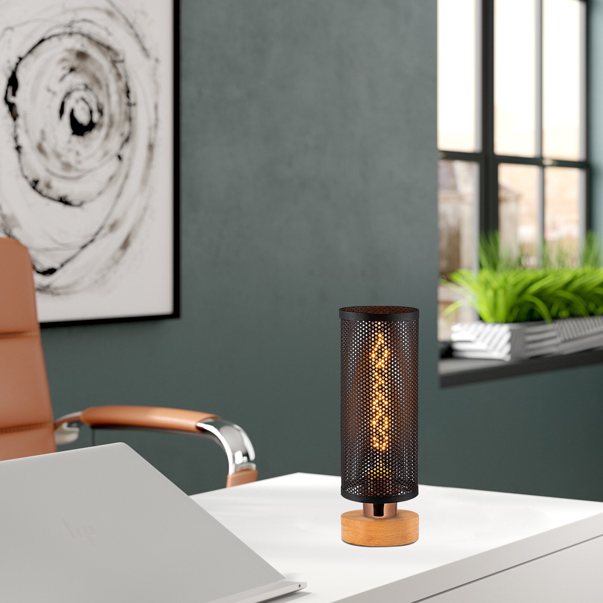 Candeeiro de Mesa Industrial, Corpo em Metal Preto com Base em Madeira, 31 cm de Altura, Soquete E27, 40 W Máx., 10 cm de Diâmetro | Iluminação Elegante e Funcional para Casa e Escritório