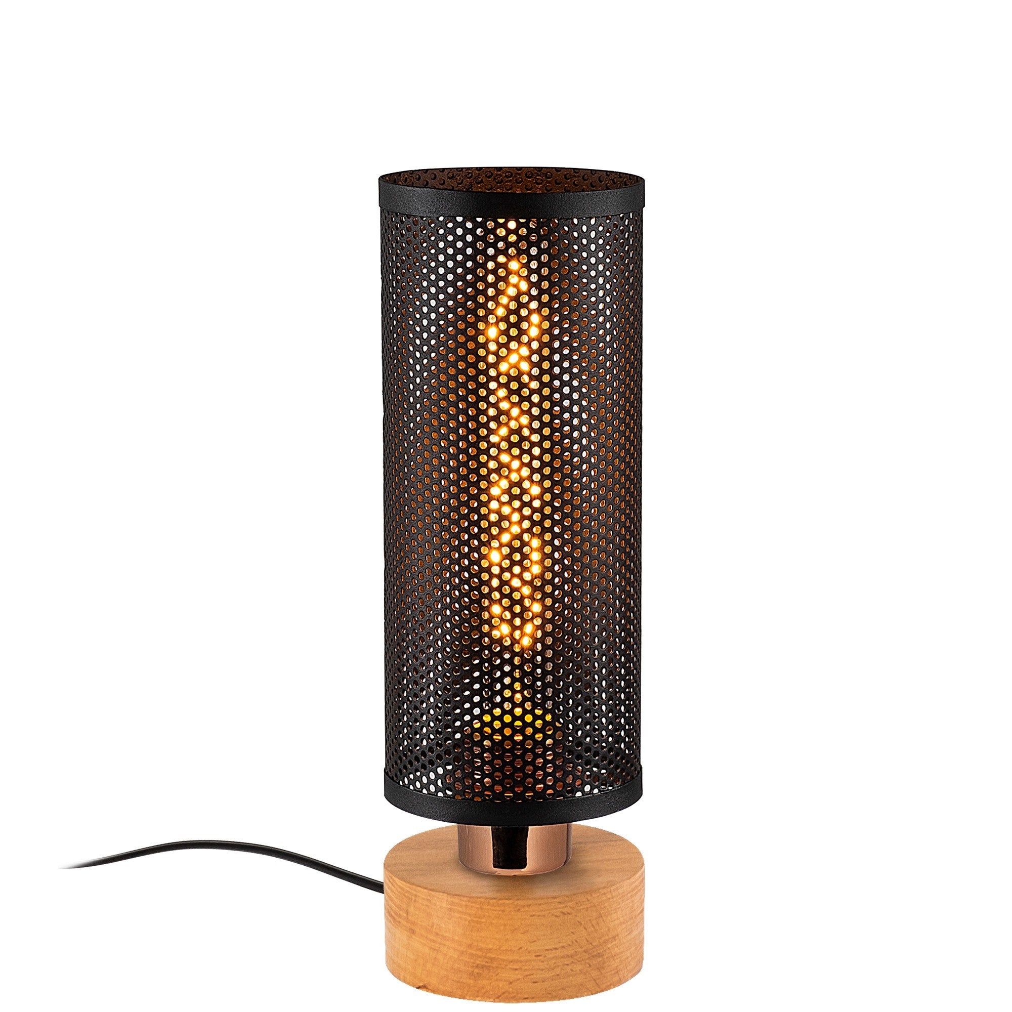 Candeeiro de Mesa Industrial, Corpo em Metal Preto com Base em Madeira, 31 cm de Altura, Soquete E27, 40 W Máx., 10 cm de Diâmetro | Iluminação Elegante e Funcional para Casa e Escritório