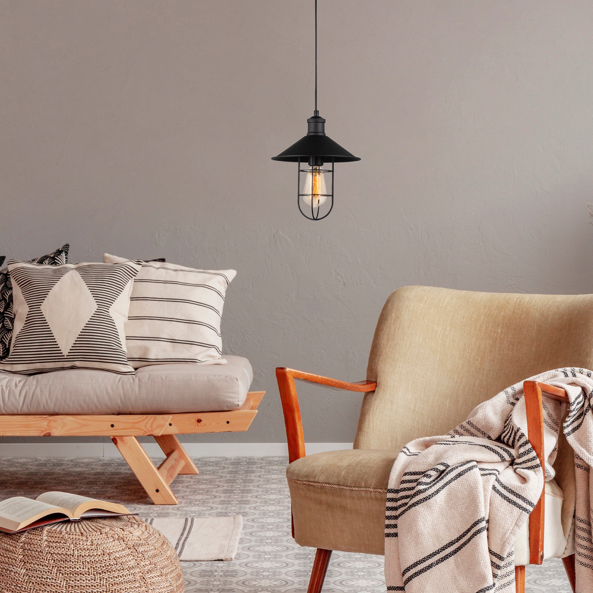 Candeeiro de Teto Preto Moderno, 24 cm de Diâmetro, Altura Ajustável 124 cm, Corpo em Metal, Soquete E27, IP20 | Design Industrial Elegante para Casa e Escritório