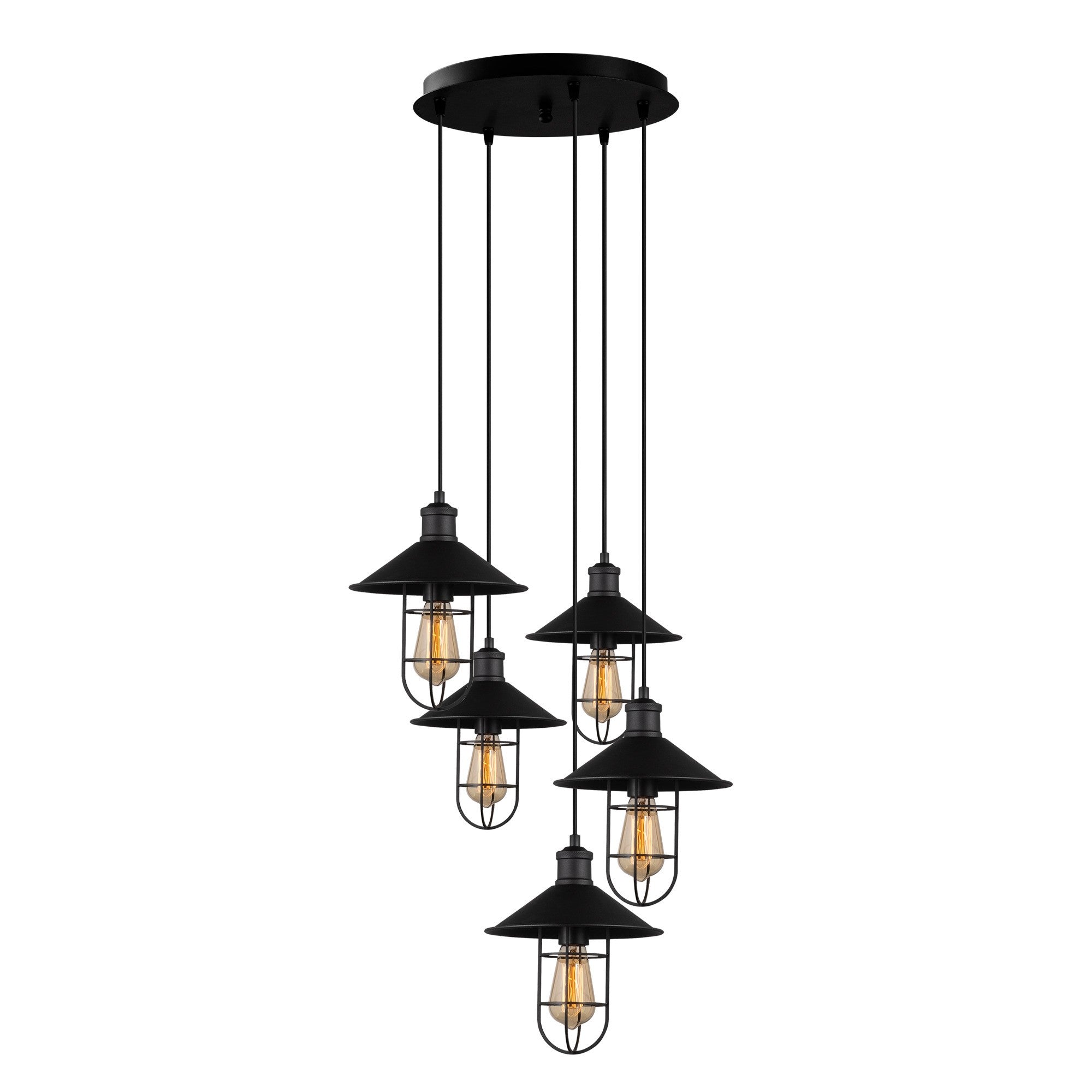 Candeeiro de Teto industrial moderno, corpo de metal preto, 58 cm de diâmetro, altura ajustável, 5 soquetes E27, design elegante para casa e escritório