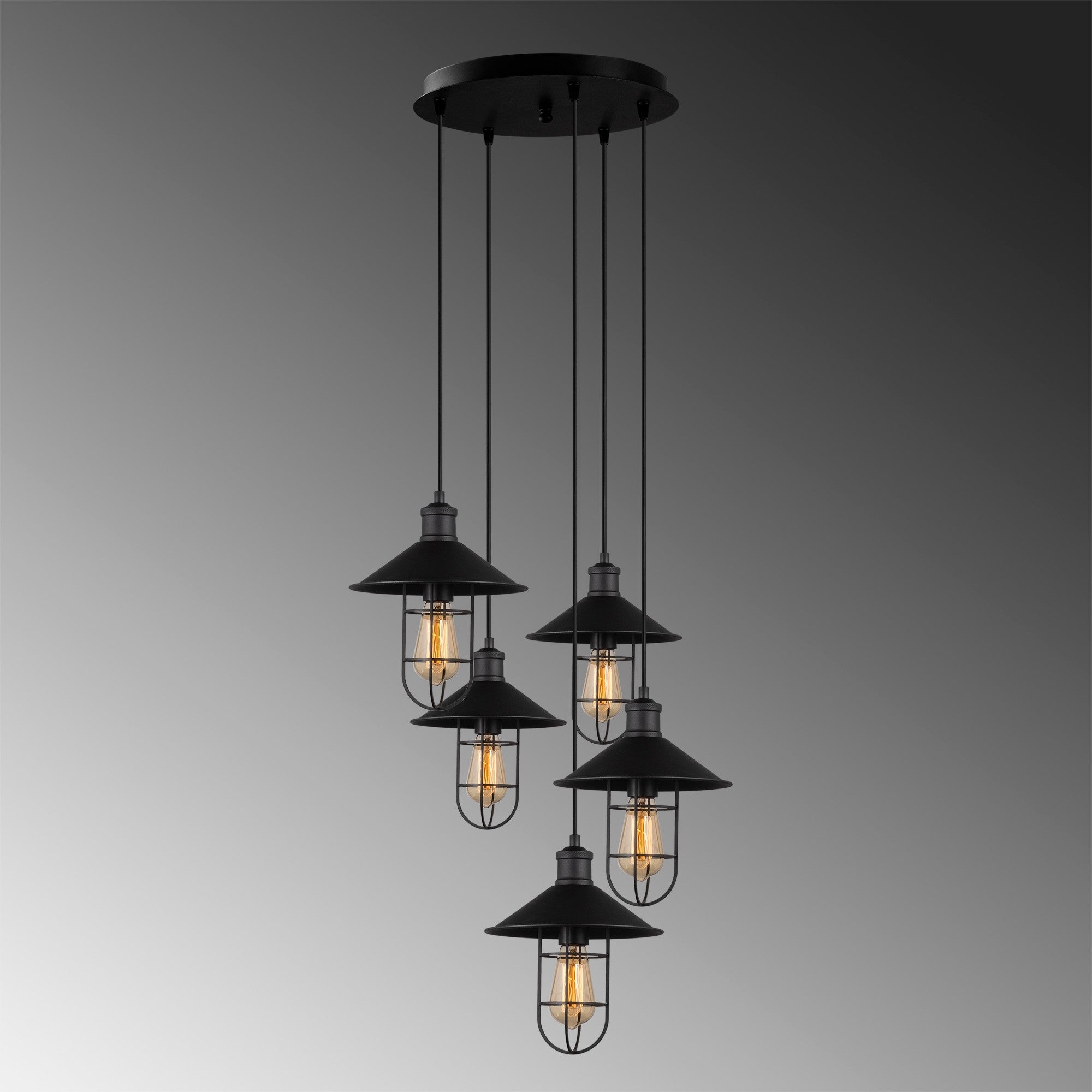 Candeeiro de Teto industrial moderno, corpo de metal preto, 58 cm de diâmetro, altura ajustável, 5 soquetes E27, design elegante para casa e escritório