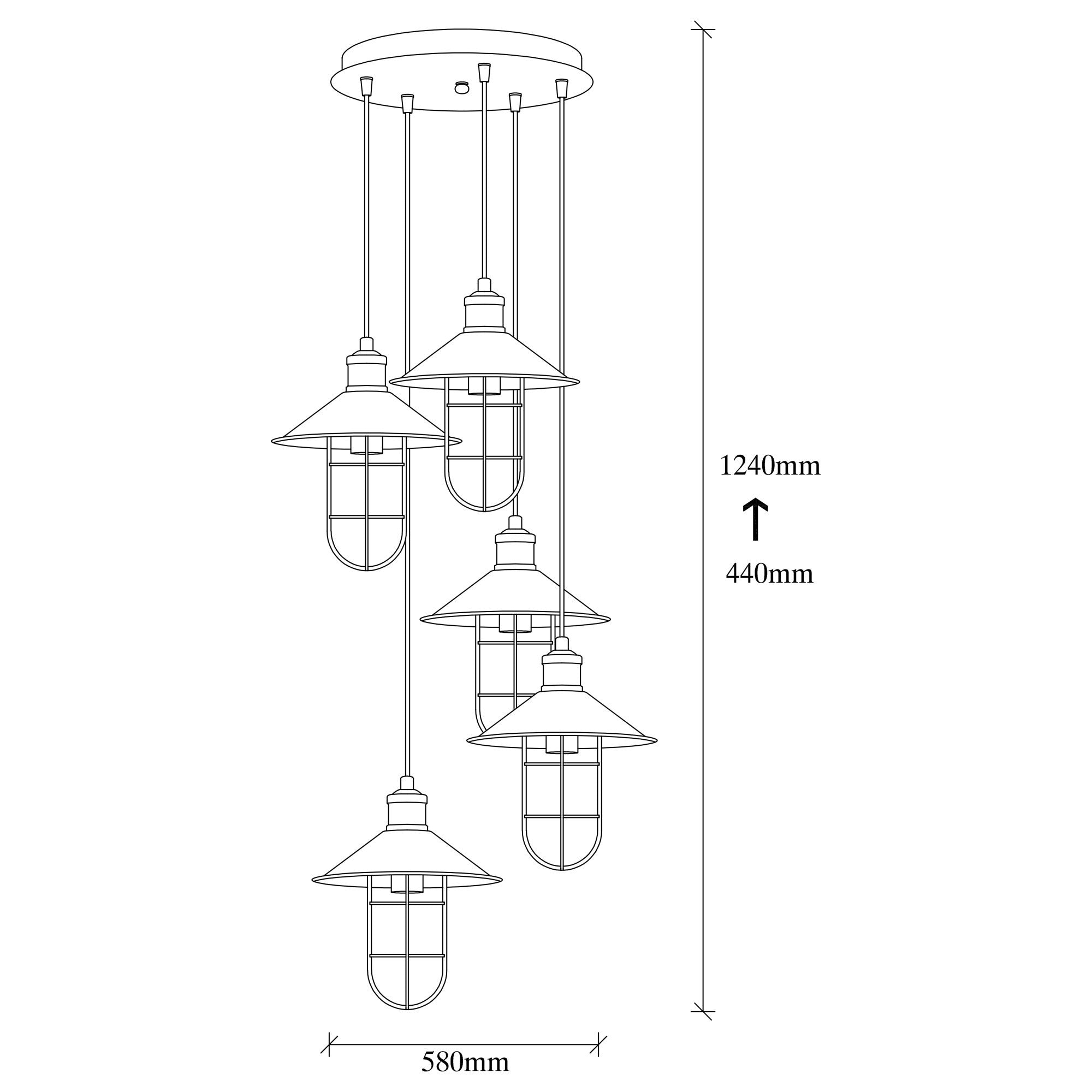 Candeeiro de Teto industrial moderno, corpo de metal preto, 58 cm de diâmetro, altura ajustável, 5 soquetes E27, design elegante para casa e escritório