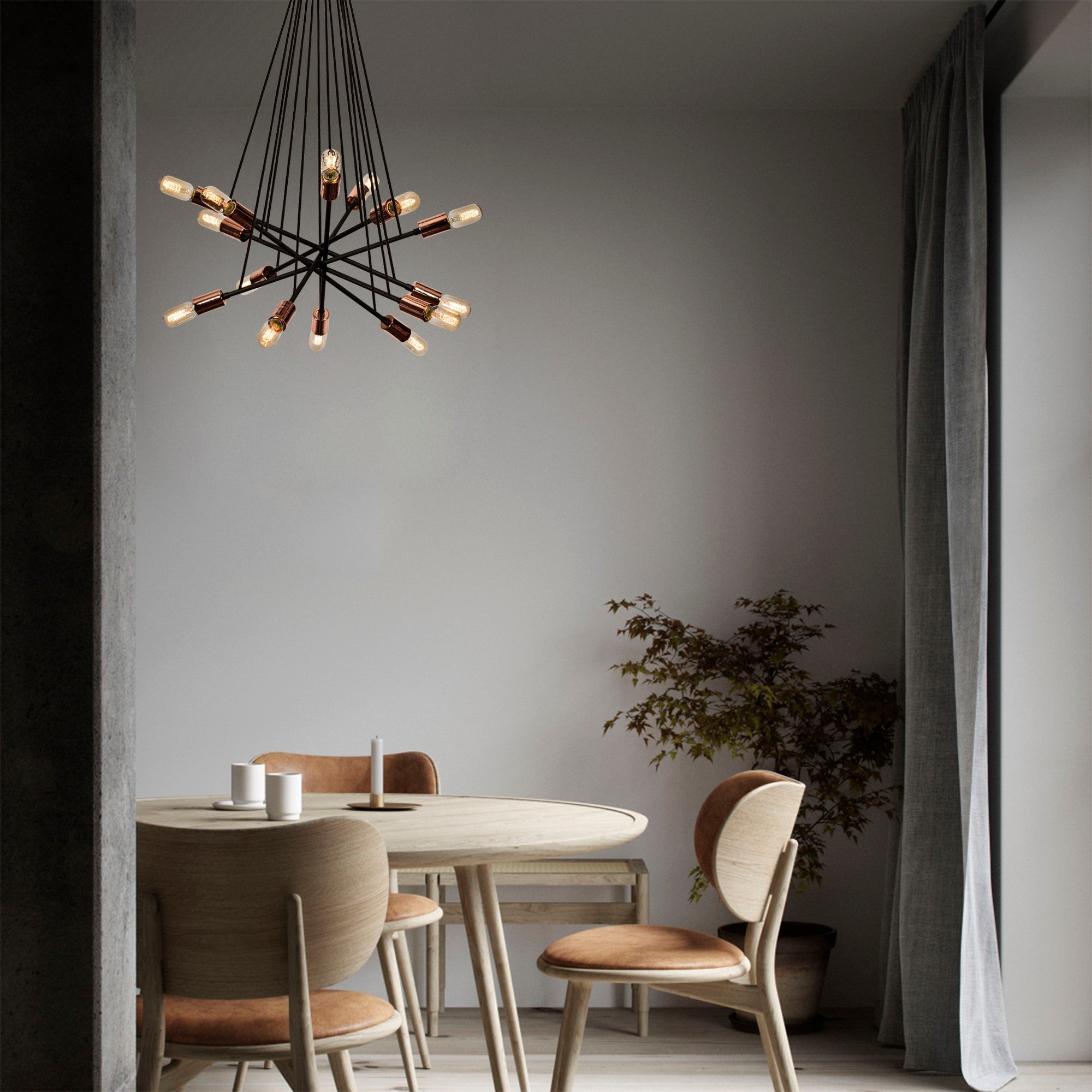 Candeeiro de Teto industrial moderno, preto e cobre, 52 cm de diâmetro, altura ajustável, corpo de metal, soquete 14 x E27, perfeito para decoração elegante de casa