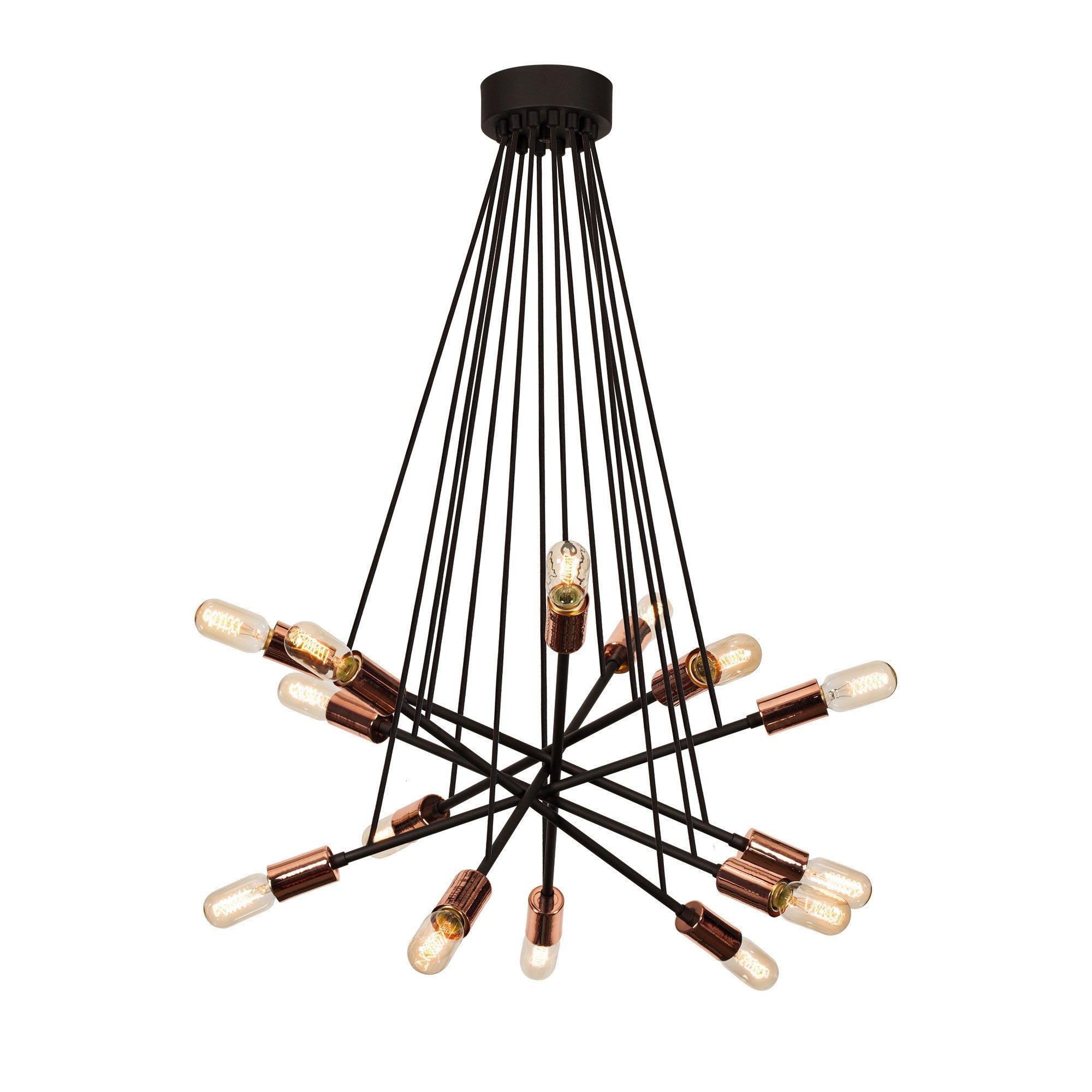 Candeeiro de Teto industrial moderno, preto e cobre, 52 cm de diâmetro, altura ajustável, corpo de metal, soquete 14 x E27, perfeito para decoração elegante de casa