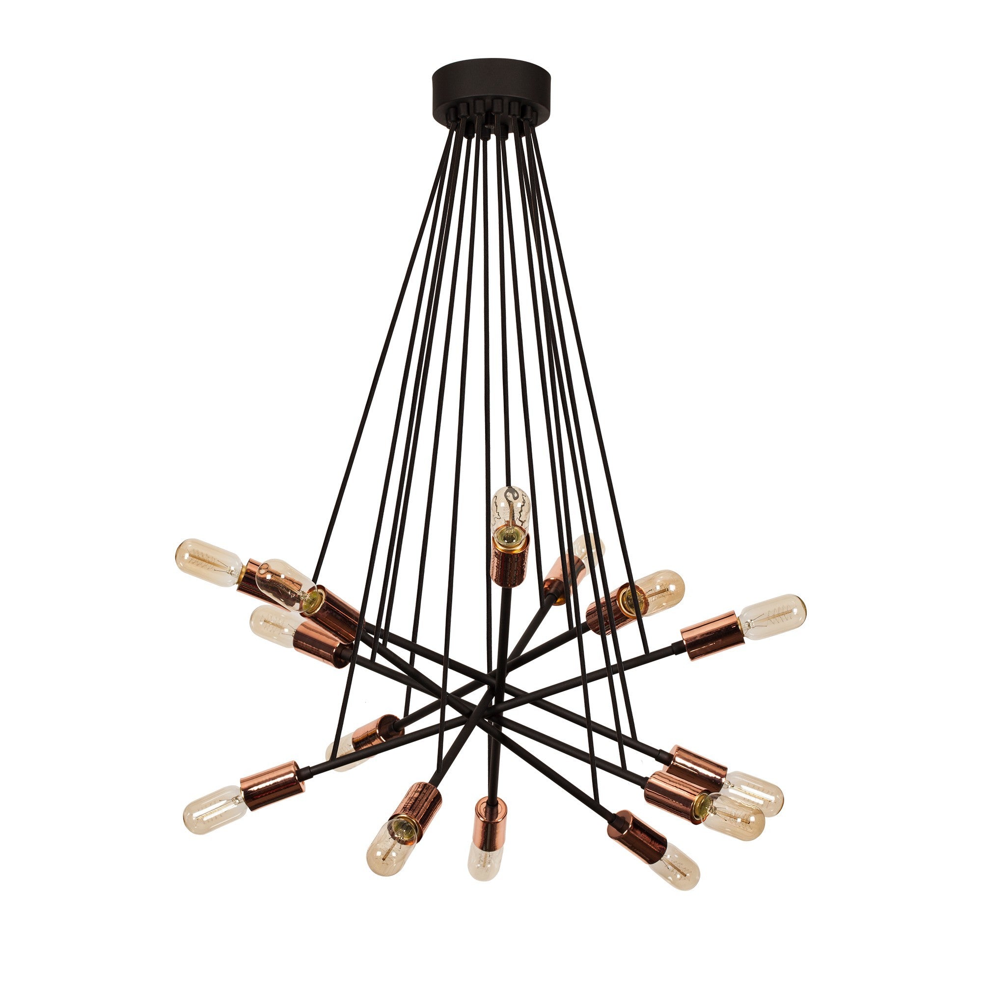 Candeeiro de Teto industrial moderno, preto e cobre, 52 cm de diâmetro, altura ajustável, corpo de metal, soquete 14 x E27, perfeito para decoração elegante de casa