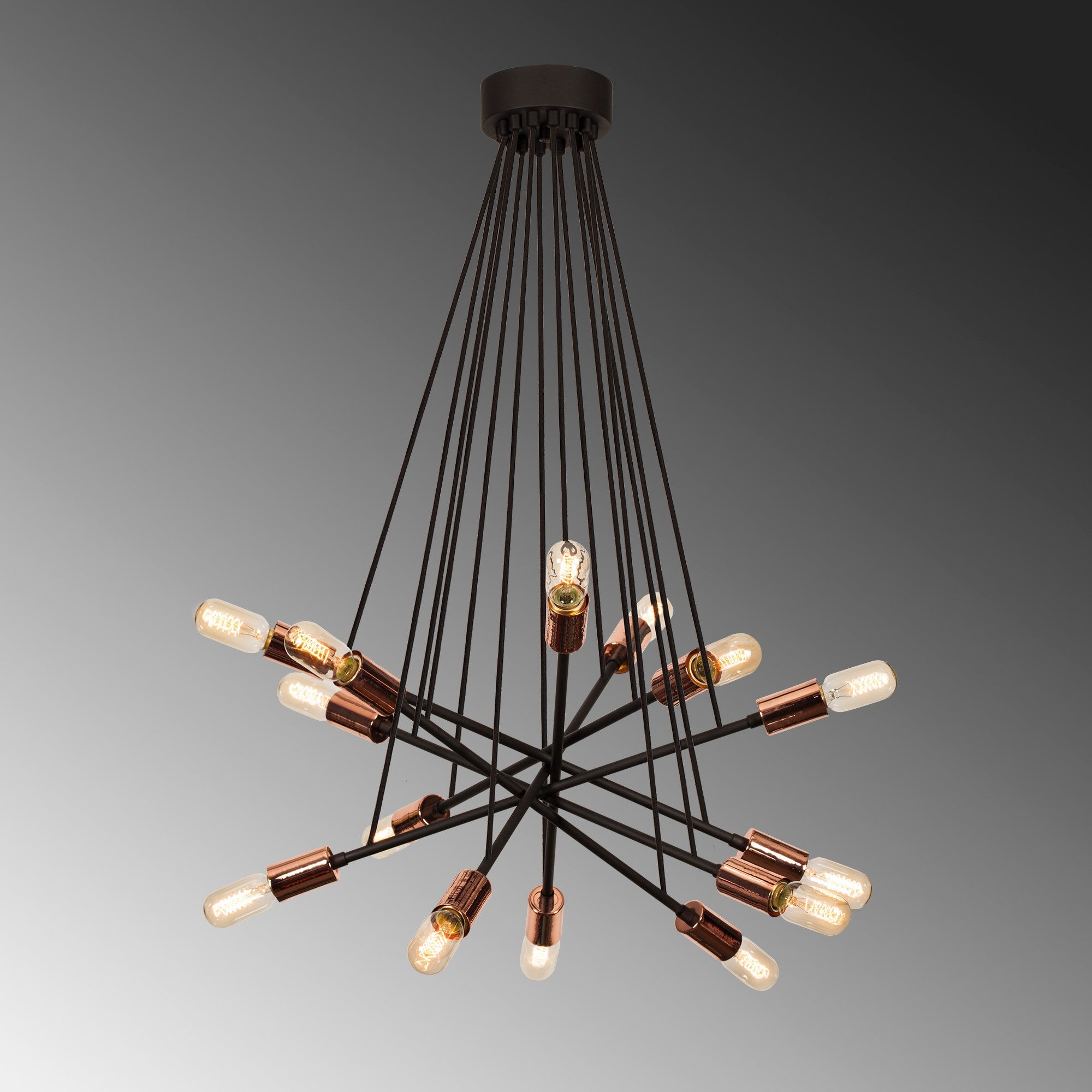 Candeeiro de Teto industrial moderno, preto e cobre, 52 cm de diâmetro, altura ajustável, corpo de metal, soquete 14 x E27, perfeito para decoração elegante de casa