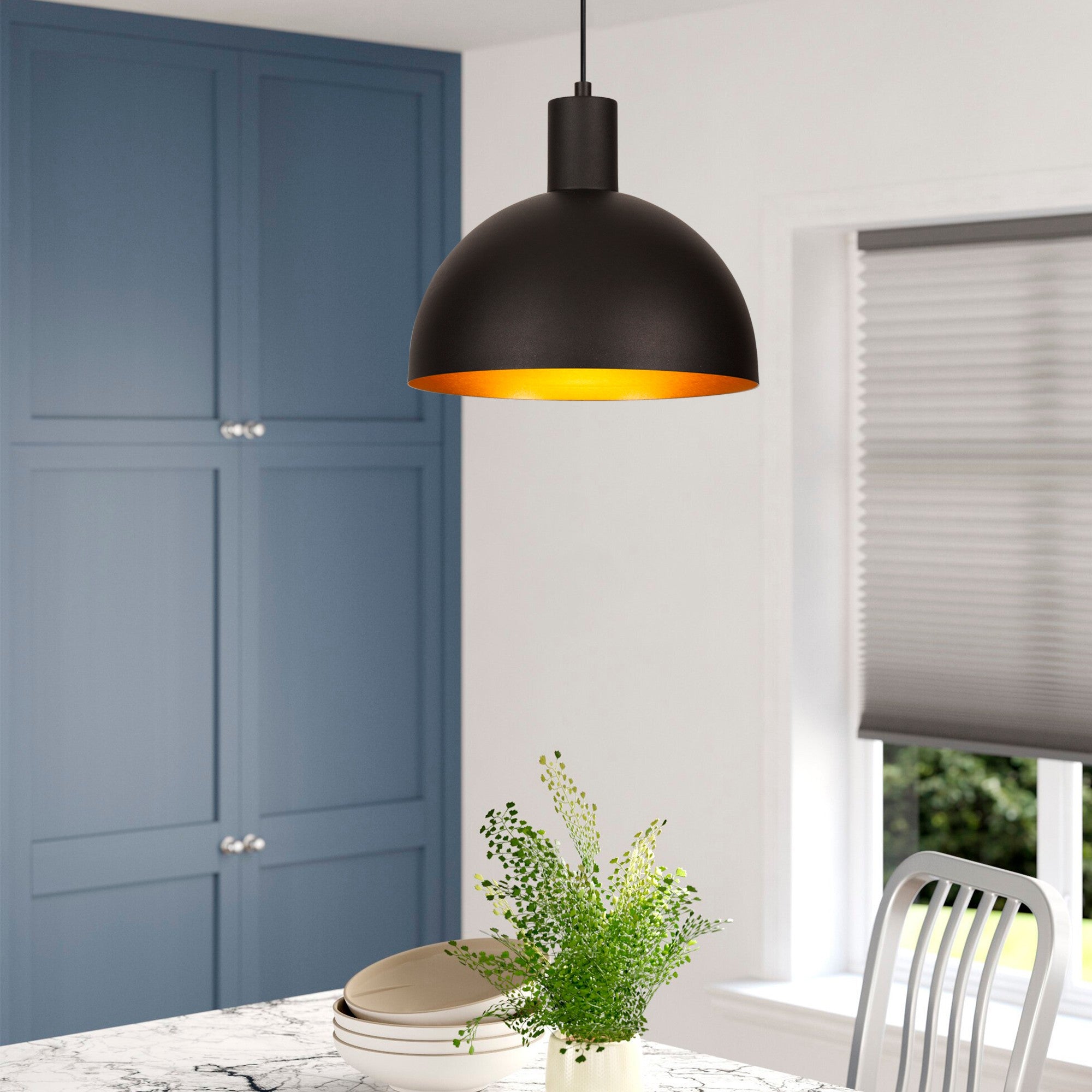 Candeeiro de Teto Elegante Preto e Dourado, 30 cm de Diâmetro, 117 cm de Altura | Ajustável, Corpo em Metal, Soquete E27, Design Industrial Moderno para Casa e Escritório