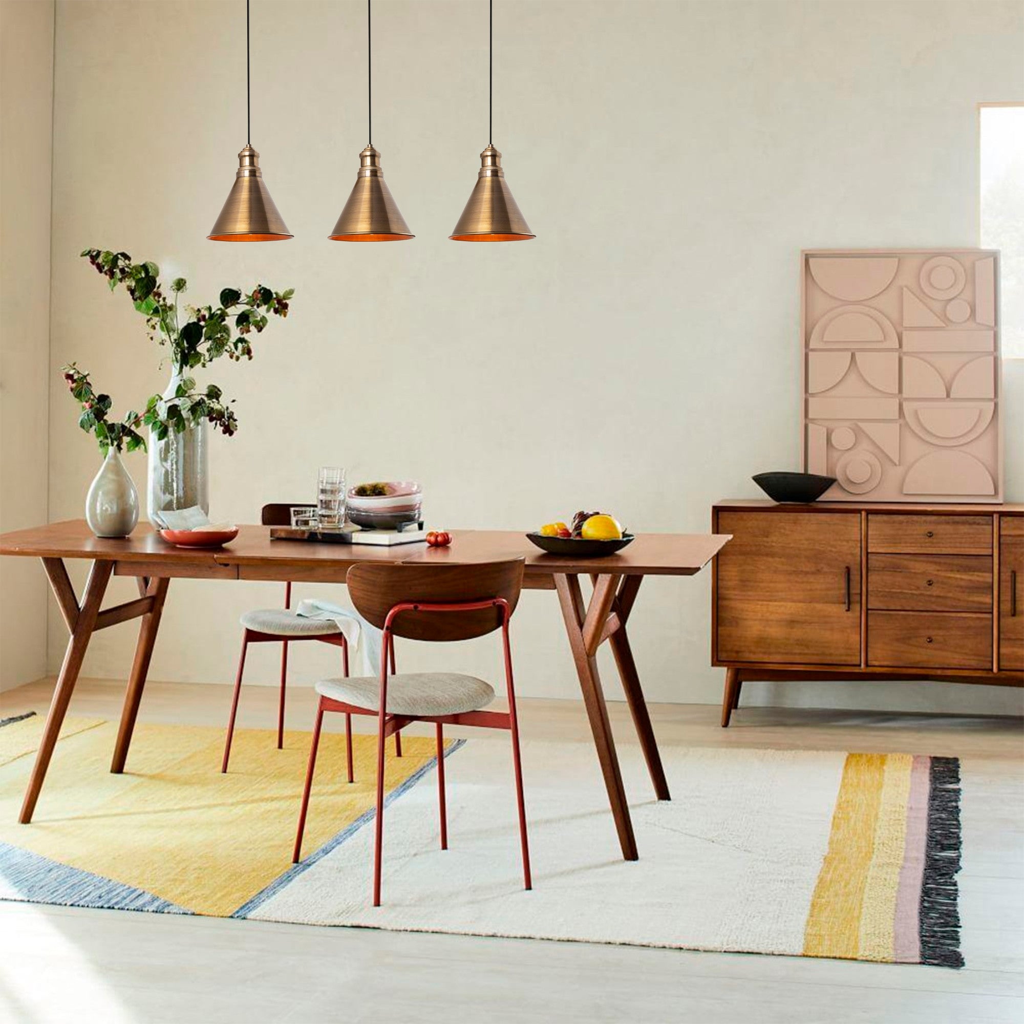 Candeeiro de Teto Industrial Vintage, 70 x 20 cm, Altura Ajustável 109 cm | Corpo em Ferro, Acabamento em Cobre, 3 Soquetes E27 | Perfeito para Decoração Moderna e Escandinava