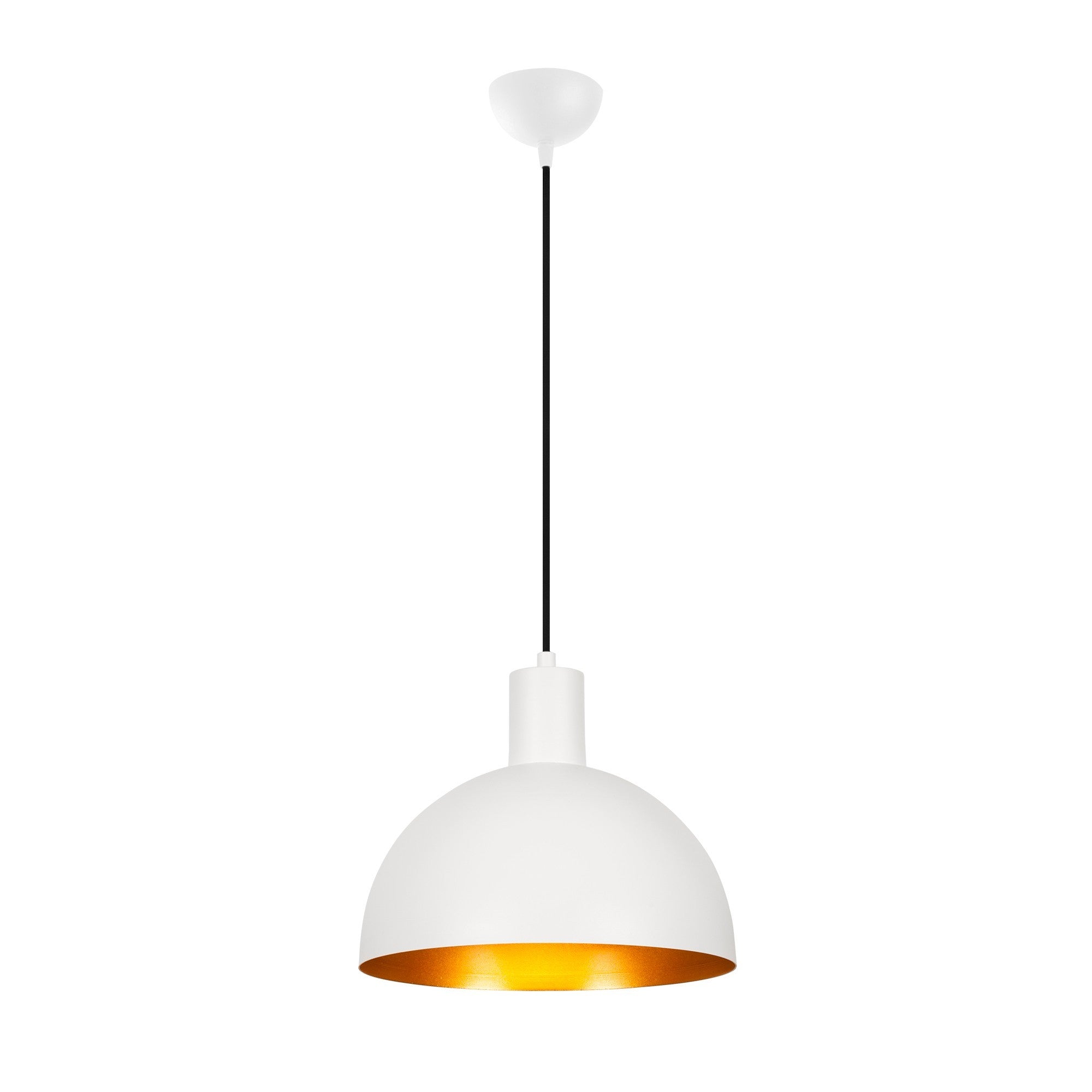 Candeeiro de Teto Elegante Branco e Dourado, 30 cm de Diâmetro, Altura Ajustável, Corpo de Ferro, Soquete E27, Design Escandinavo Moderno | Perfeito para Decoração de Casa