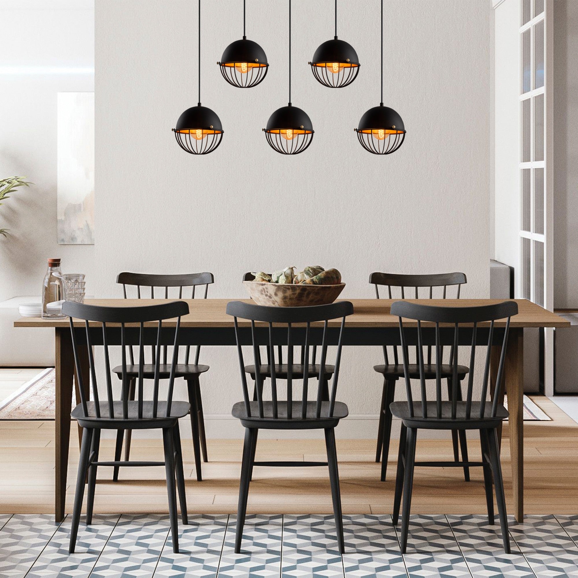 Candeeiro de Teto elegante preto e dourado, corpo de metal, 90 x 20 cm, altura 116 cm, ajustável, 5 x E27 máx. 40 W, design industrial moderno para casa e escritório