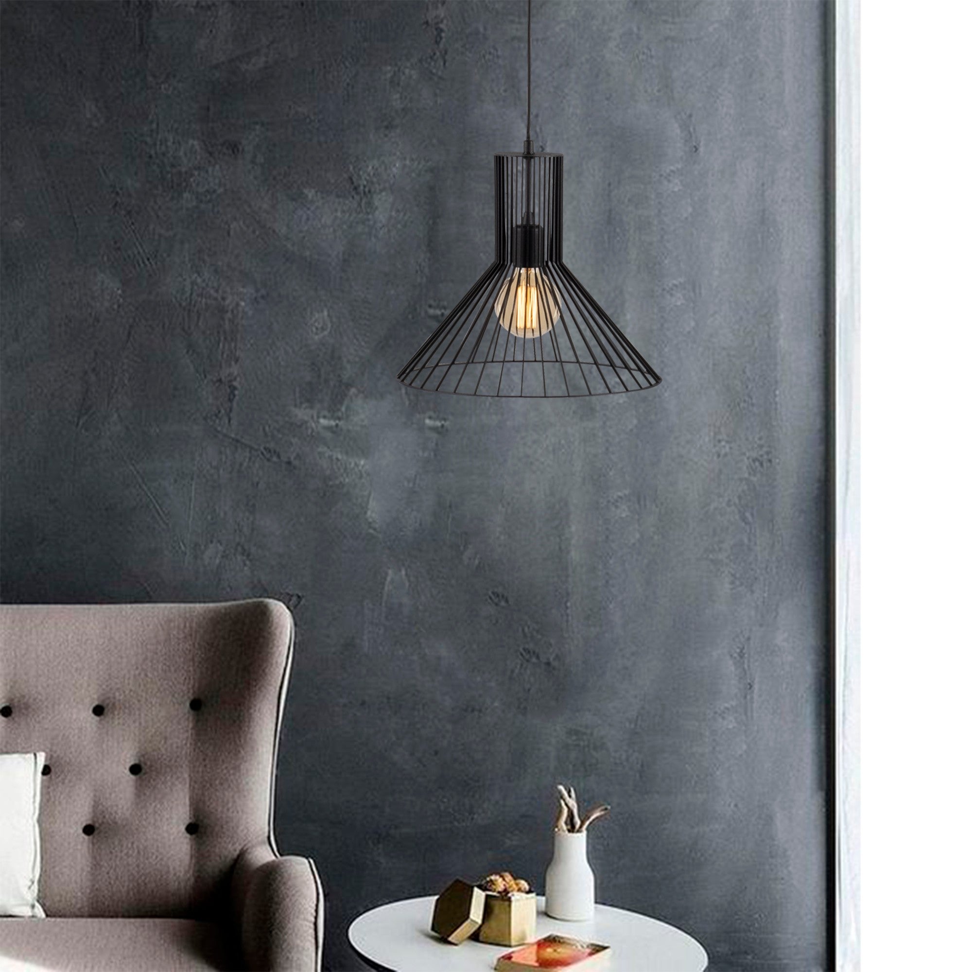Candeeiro de Teto industrial preto, corpo de metal, 38 cm de diâmetro, altura ajustável, soquete E27, 40 W máx., design moderno e elegante para residências e escritórios